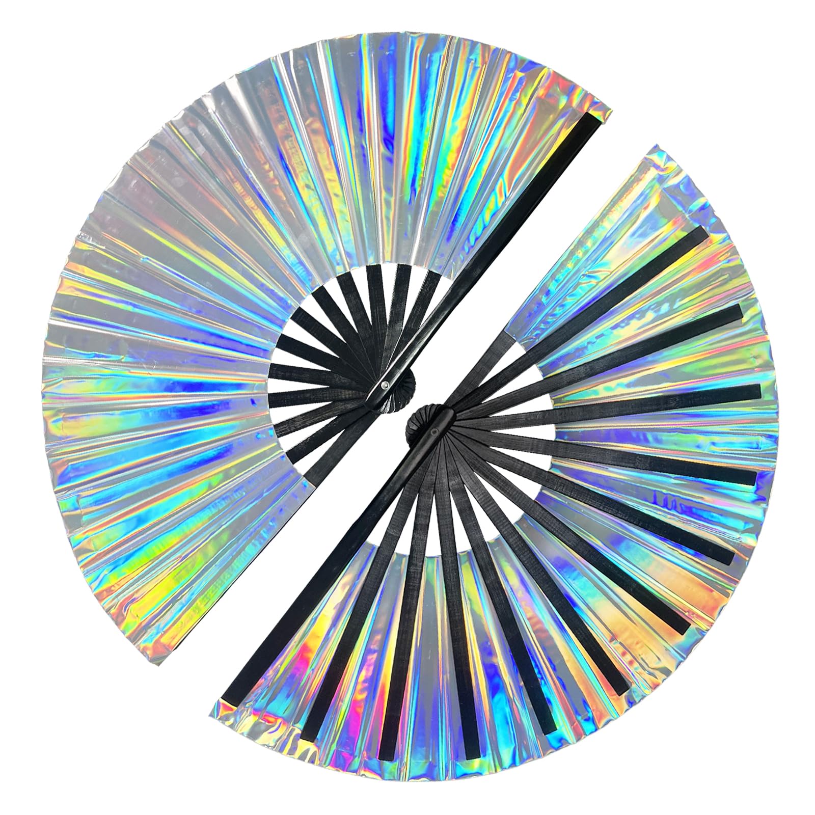 dmjuncong Large Folding Hand Rave Fan,Clack Handheld Fan,Holographic Laser Colors Hand Fan,for Festivals,Rainbow Outfits,Disco P