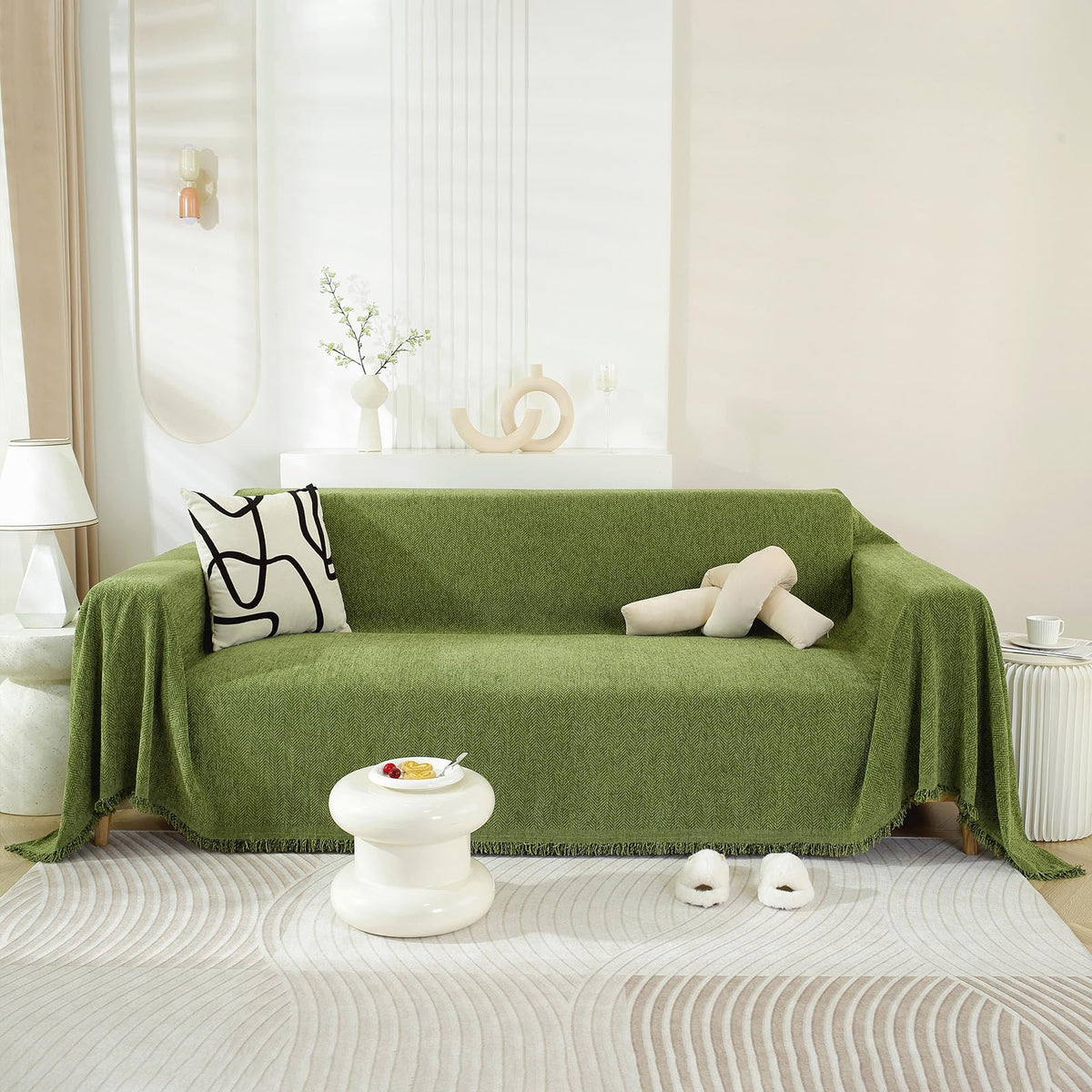 Vclife Boho Olive Green Couch Cover, Pet-Friendly Cooling Chenille Sofa Slipcover For Dog Cat, Simple Solid Color Green Sofa Cou