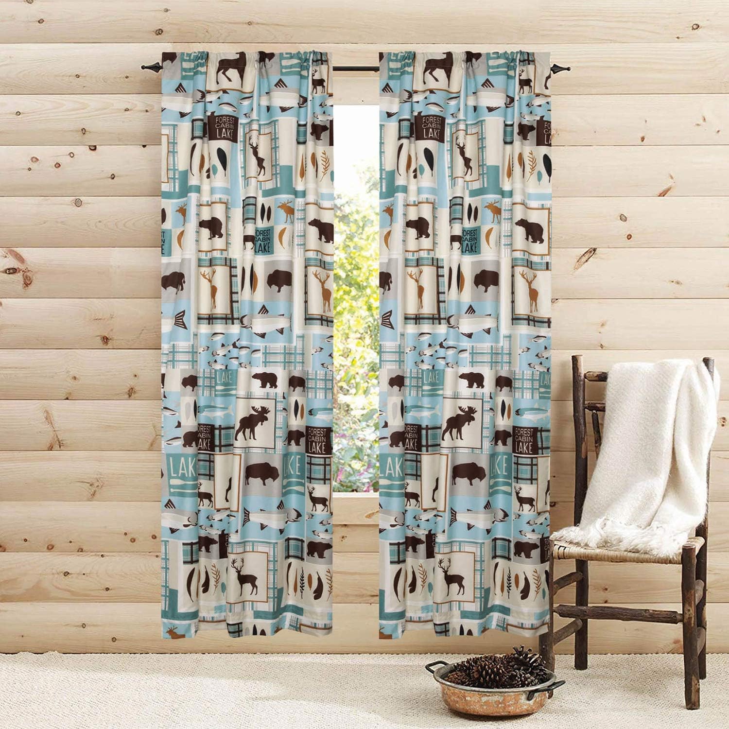 Beatrice Home Fashions Fishing by The Lakehouse Cabin Lodge Privacy Window Curtains with Rod Pocket, 2-Panel Pair Set Outdoors B