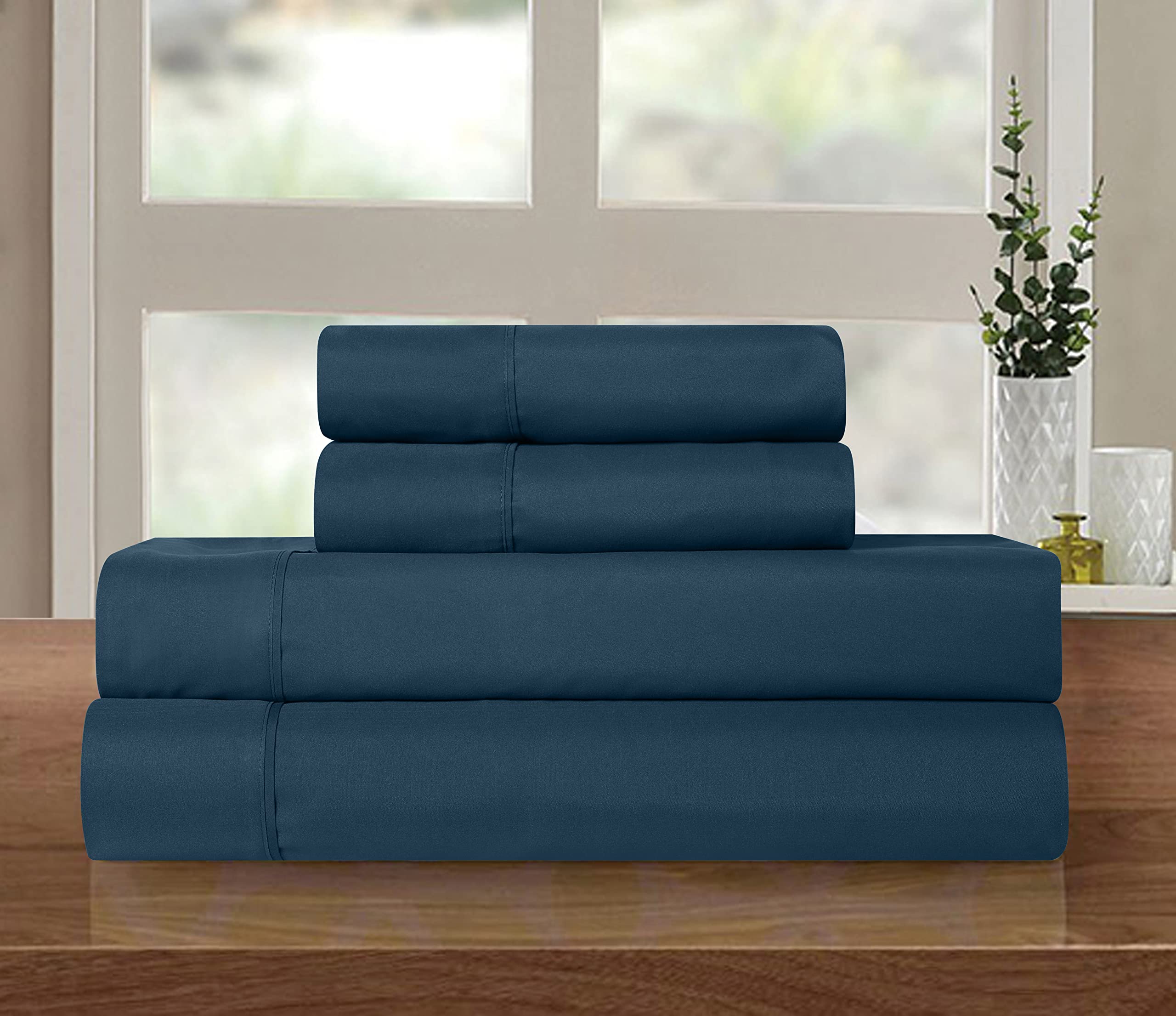 Elegant Comfort 4-Piece Solid Smart Sheet Set-Deep Pocket Fitted Sheet With Side Storage Pockets-Silky Soft 1500 Thread Count Eg