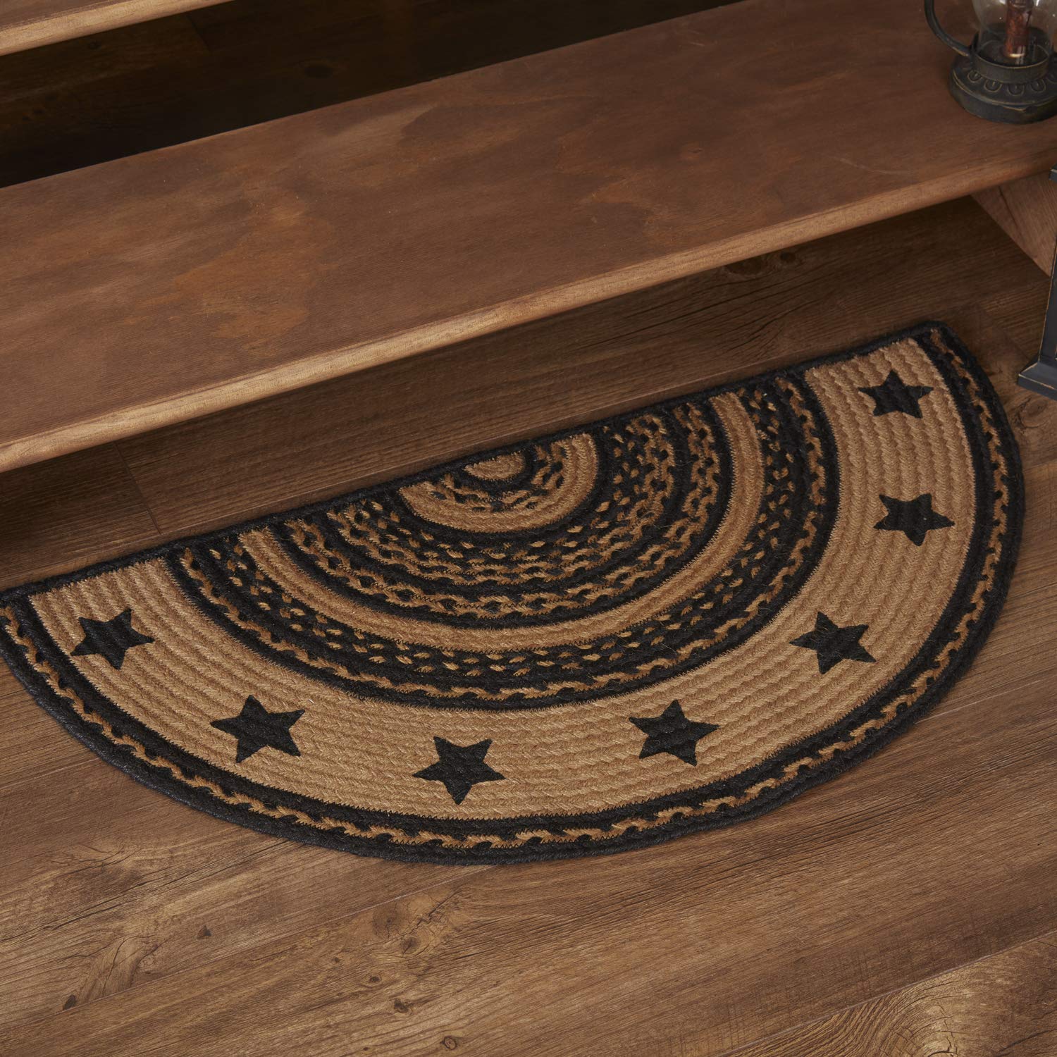 VHC Brands Farmhouse Primitive Jute Accent Rug Half Circle Stencil Stars Border w/ Pad 16.5x33