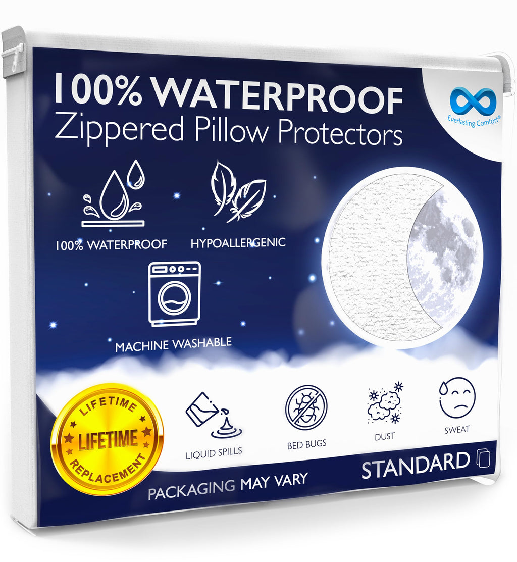 Everlasting Comfort Waterproof Pillow Protector Standard (Pack Of 2) - Zippered, Hypoallergenic, Dust Mite & Bed Bug Proof, Allergy Pillow Covers