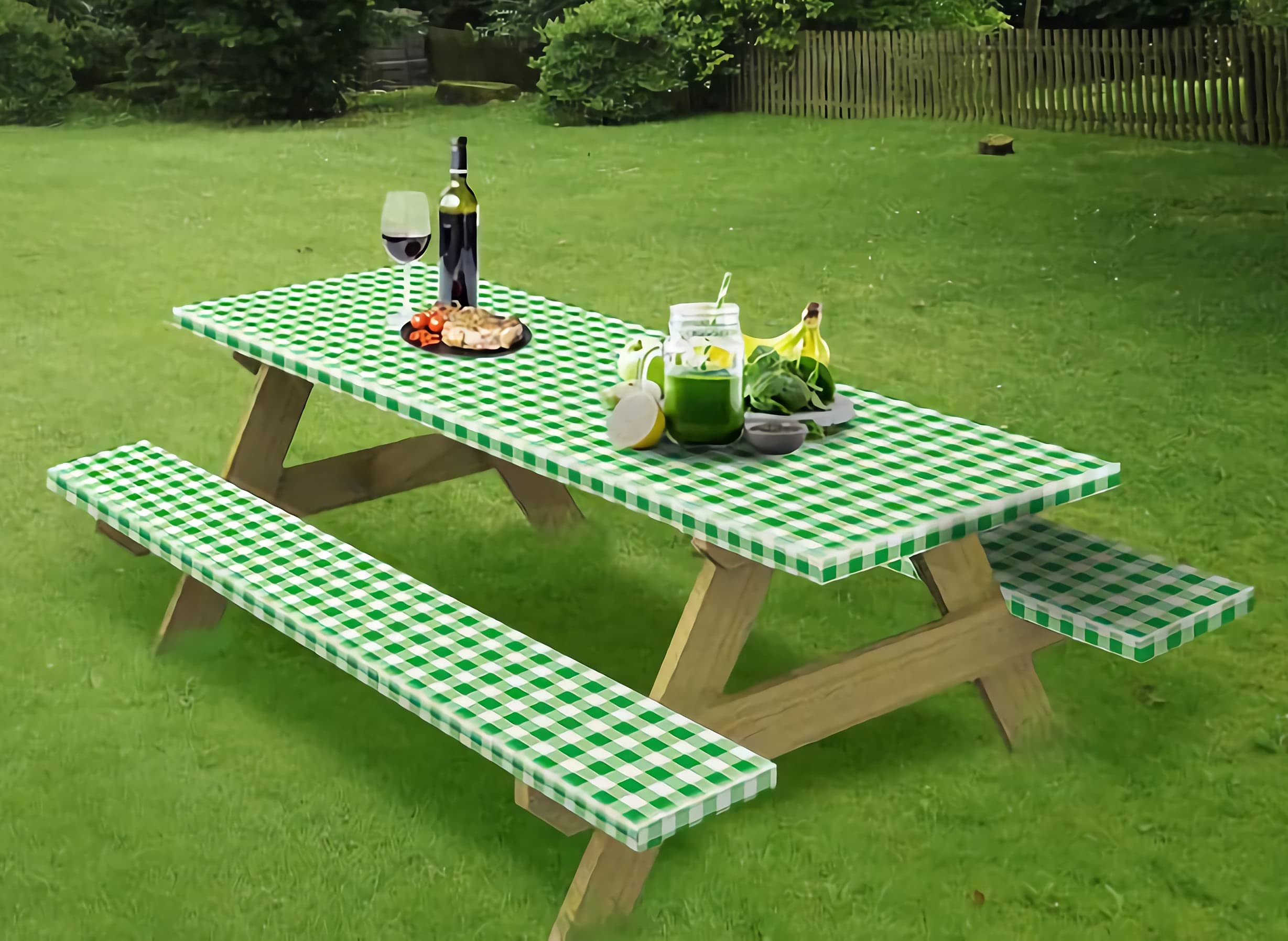 Rally Home Goods Outdoor Vinyl Tablecloth Rectangular Fitted Cover Table + Benches 3-Pc, Flannel Backing Elastic 30X72 ' ' (6-Ft