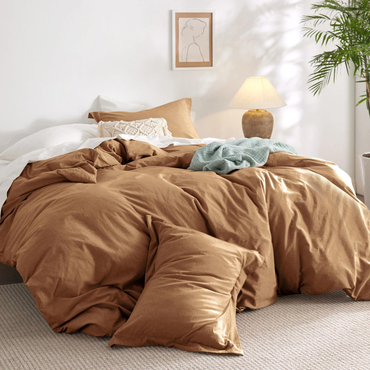 Bedsure 100% Washed Cotton Duvet Cover Queen - Brown Minimalist Cotton Duvet Cover Linen Like - 3 Pieces Plain Simple Duvet Cove