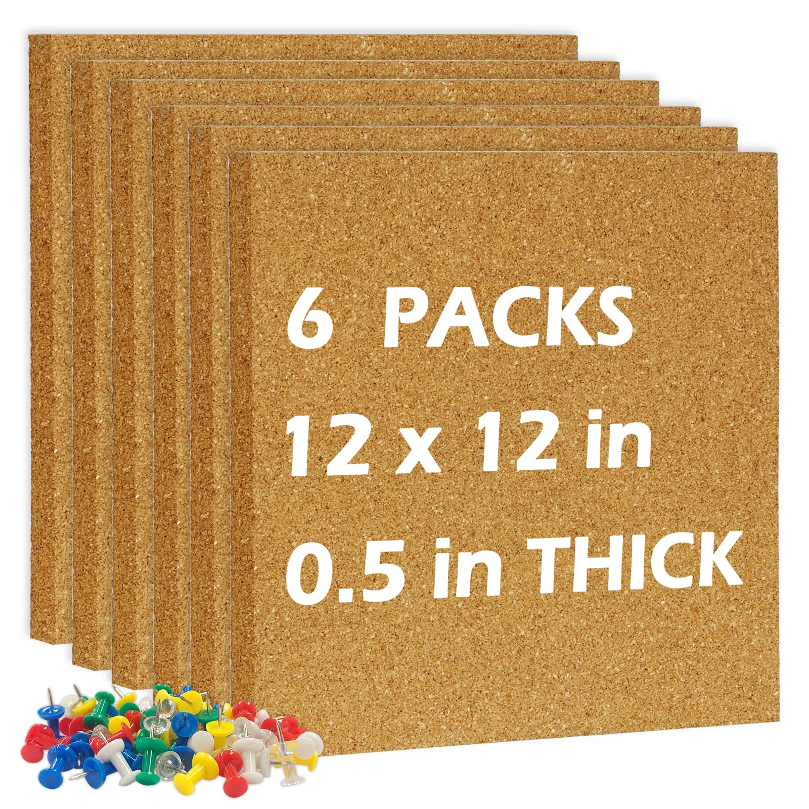 Dollar Boss Cork Board Tiles, 6 Packs 12 ' X 12 ' 1/2 ' Thick Cork Bulletin Board Self Adhesive Corkboards For Walls With 60