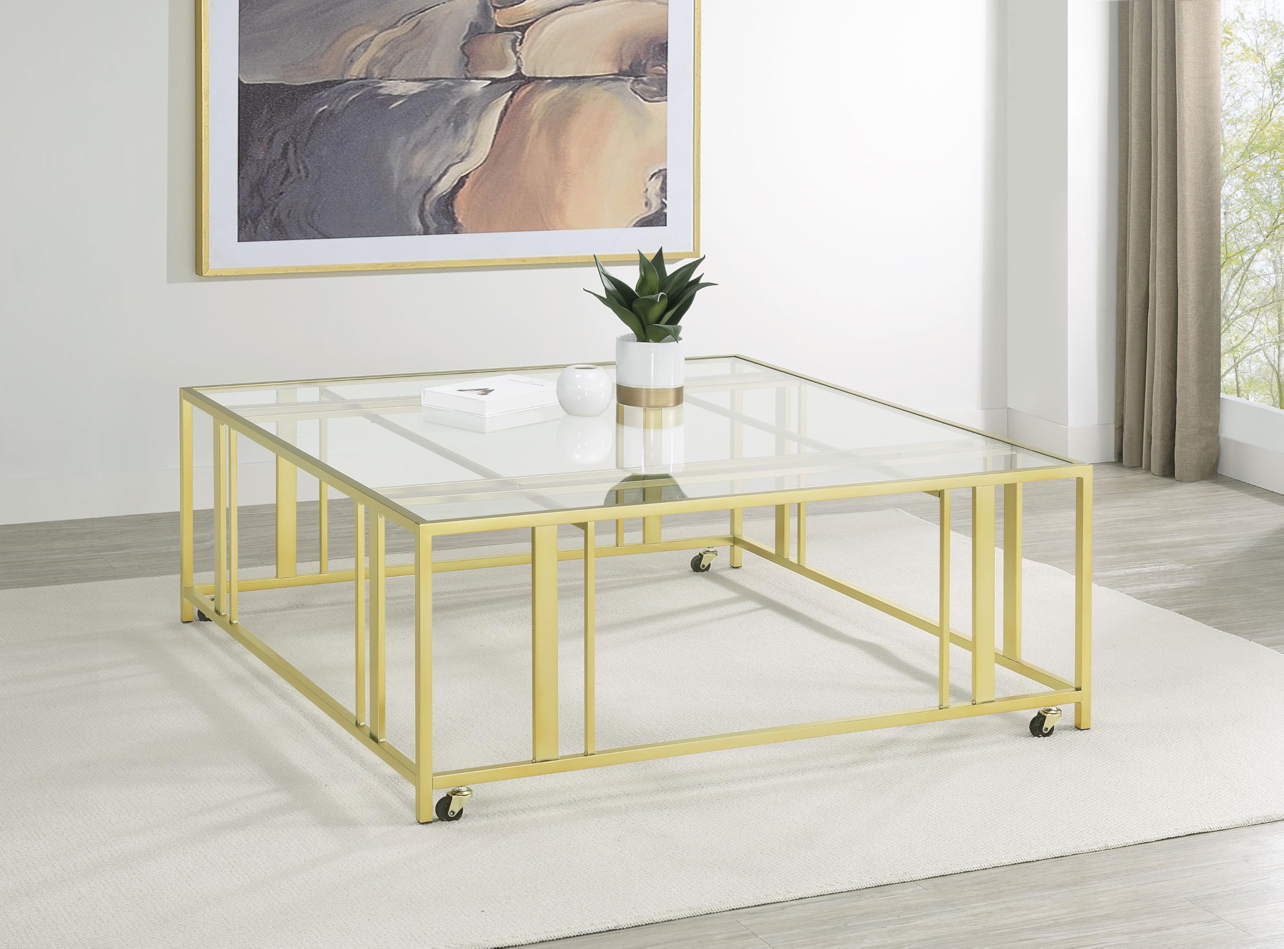 Coaster Home Furnishings Adri Square Glass Top Coffee Table with Casters Matte Brass