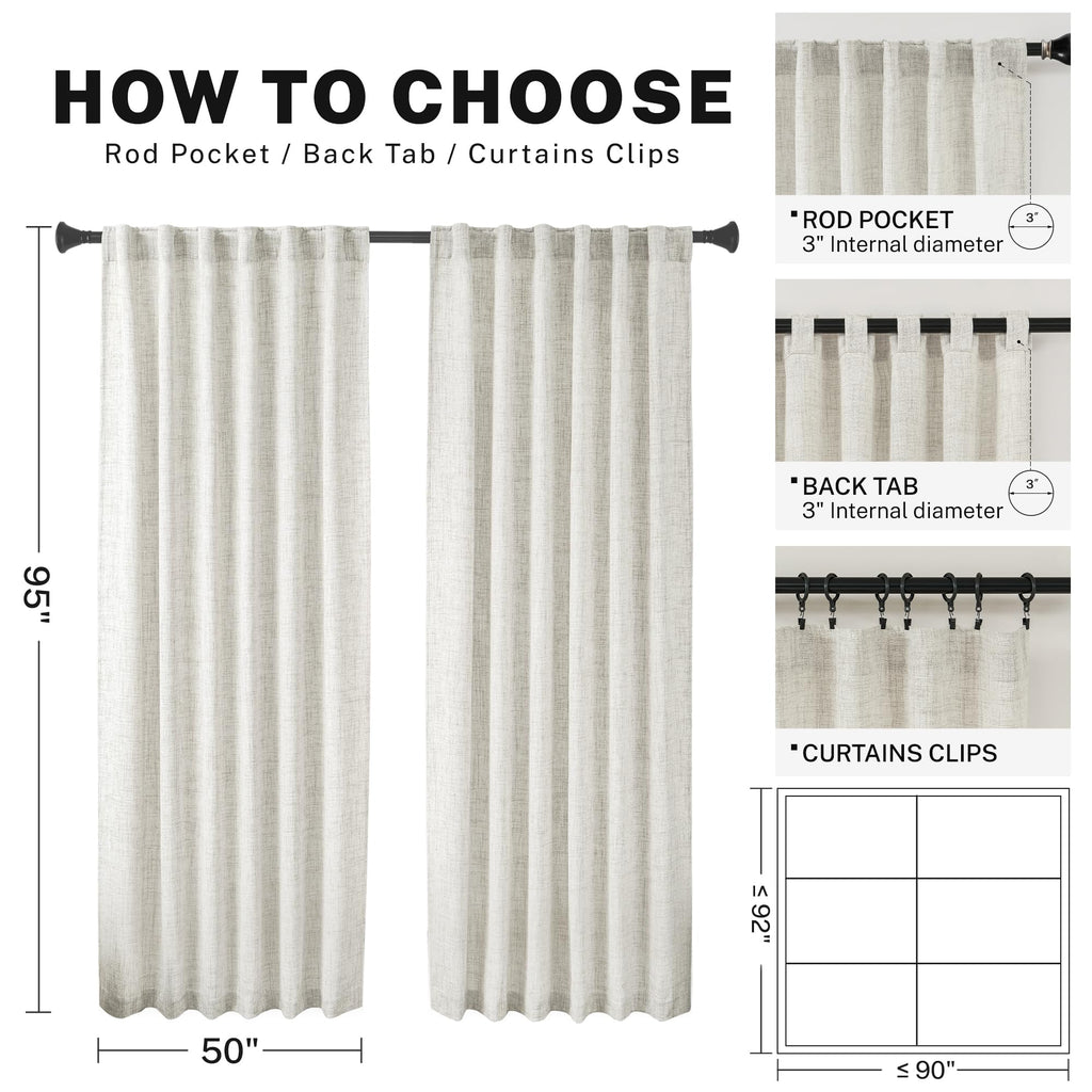 Meetbily Semi Sheer Linen Curtains 95 Inches Long 2 Panel Set, Back Tab Rod Pocket Linen Farmhouse Light Filtering Two Pages Win