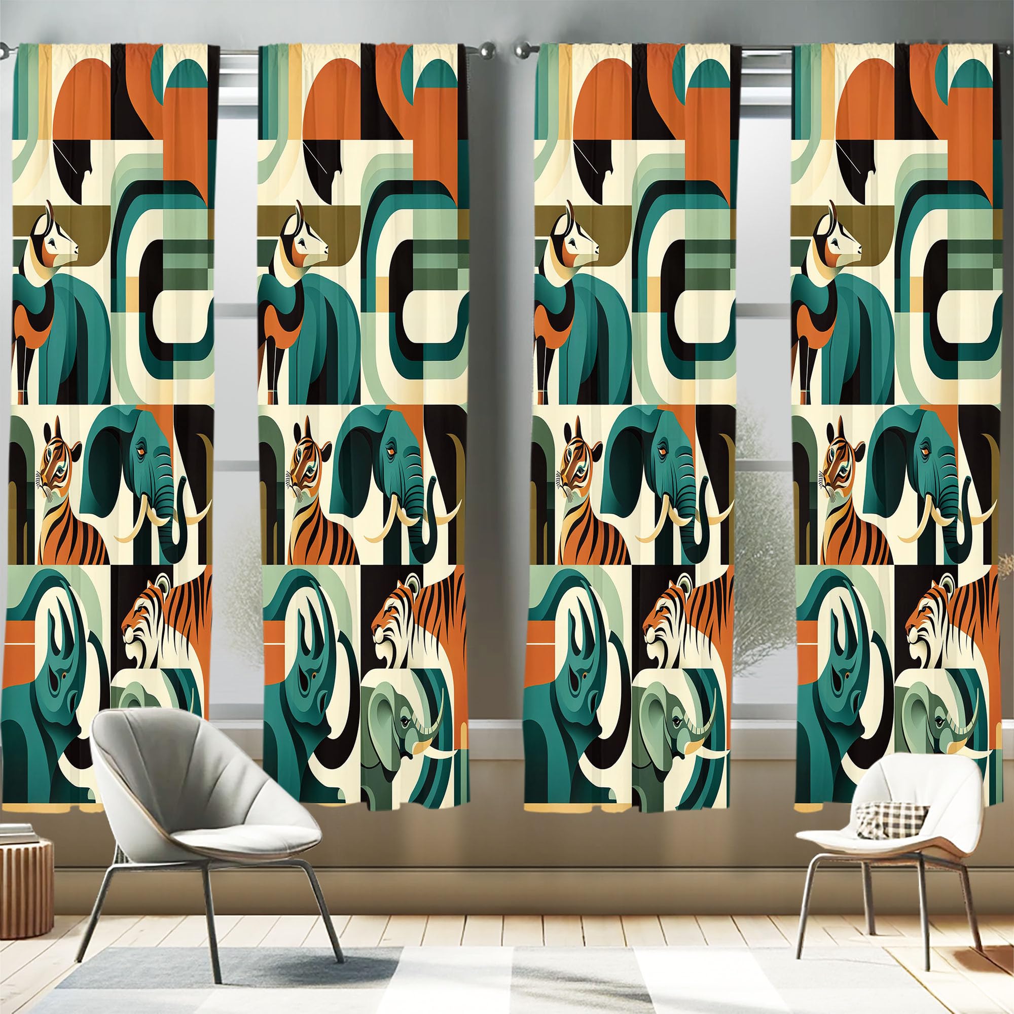 Ambesonne Animals Window Curtains Pack of 2, Urban Jungle Themed Modern Boho Detail Roundy Fox Elephant Tiger Print, Lightweight