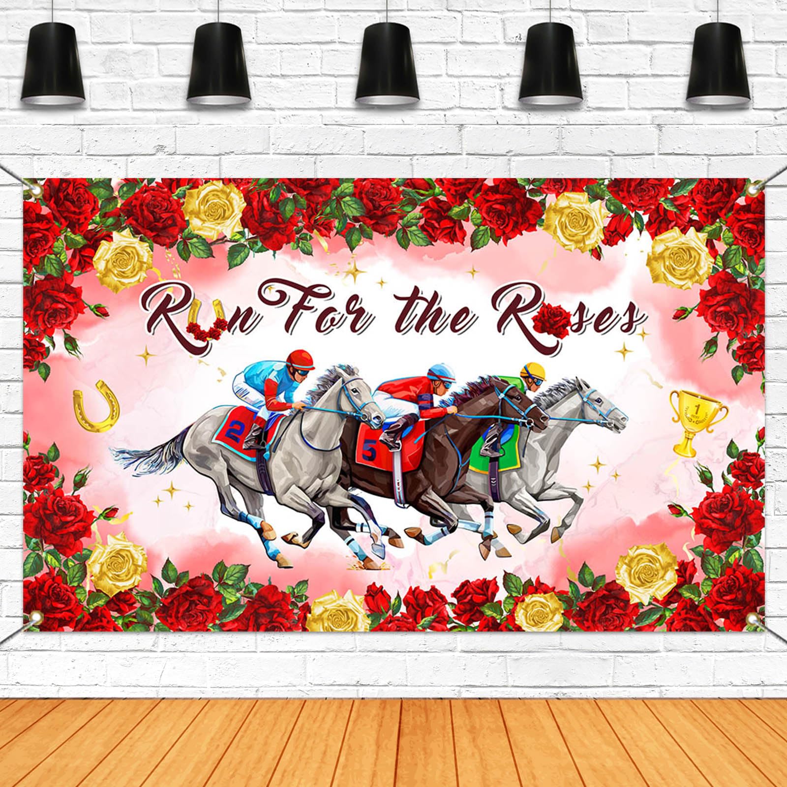Mocsicka Run for The Roses Banner Kentucky Derby Horse Racing Party Decorations Banner for Birthday Party Racetrack Stadium Wall