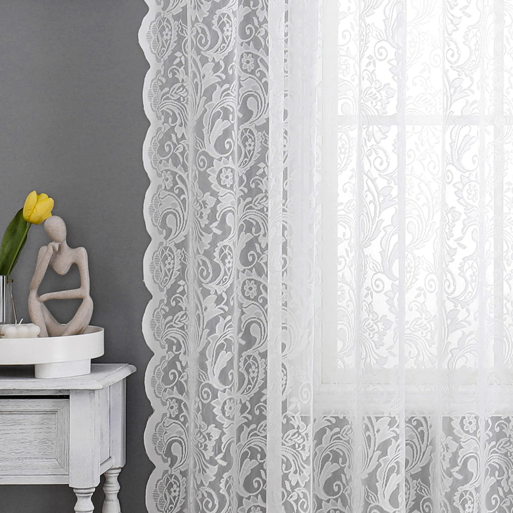 Bujasso White Sheer Lace Curtains 63 Inch Vintage Floral Sheer Window Curtain Panels For Living Room Bedroom Elegant Light Filte