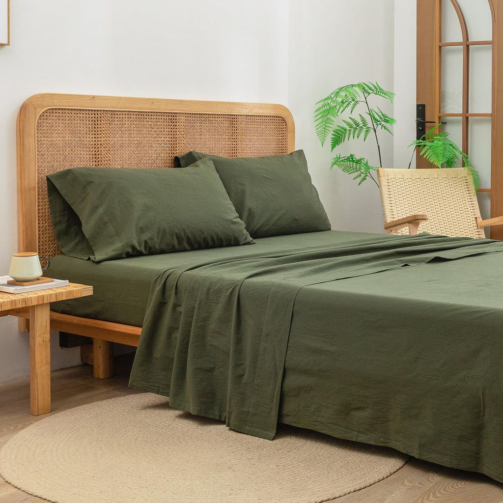 Bestouch Sheet Set 100% Washed Cotton Linen Feel Super Soft Comfortable Chic Lightweight 4 Pcs Home Bedding Set Solid Olive Gree