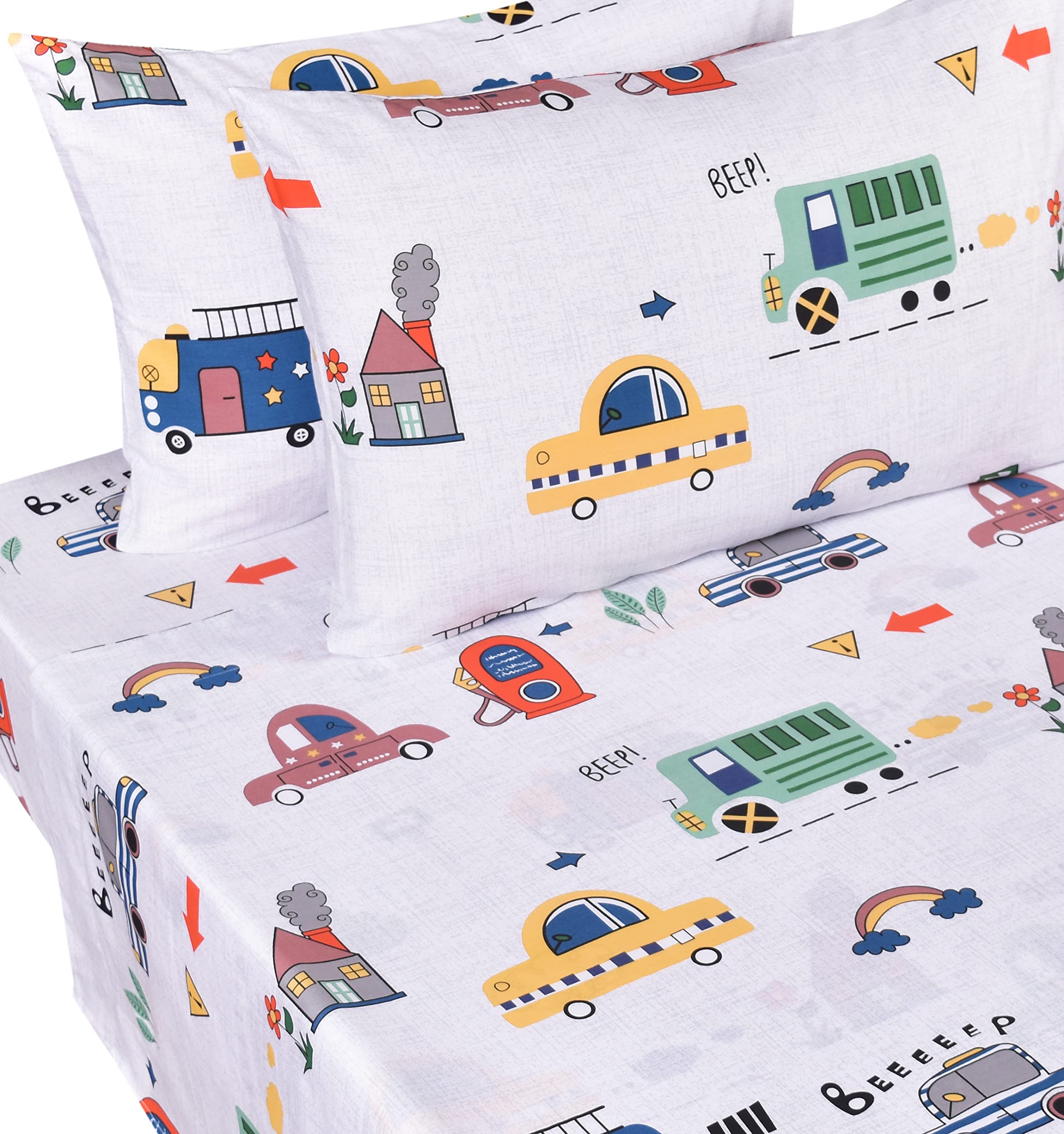 J Pinno Cars Bus Traffic Transport Boys Full Sheet Set Bedroom Decoration Gift, 100% Cotton, Flat Sheet + Fitted Sheet + Pillowc