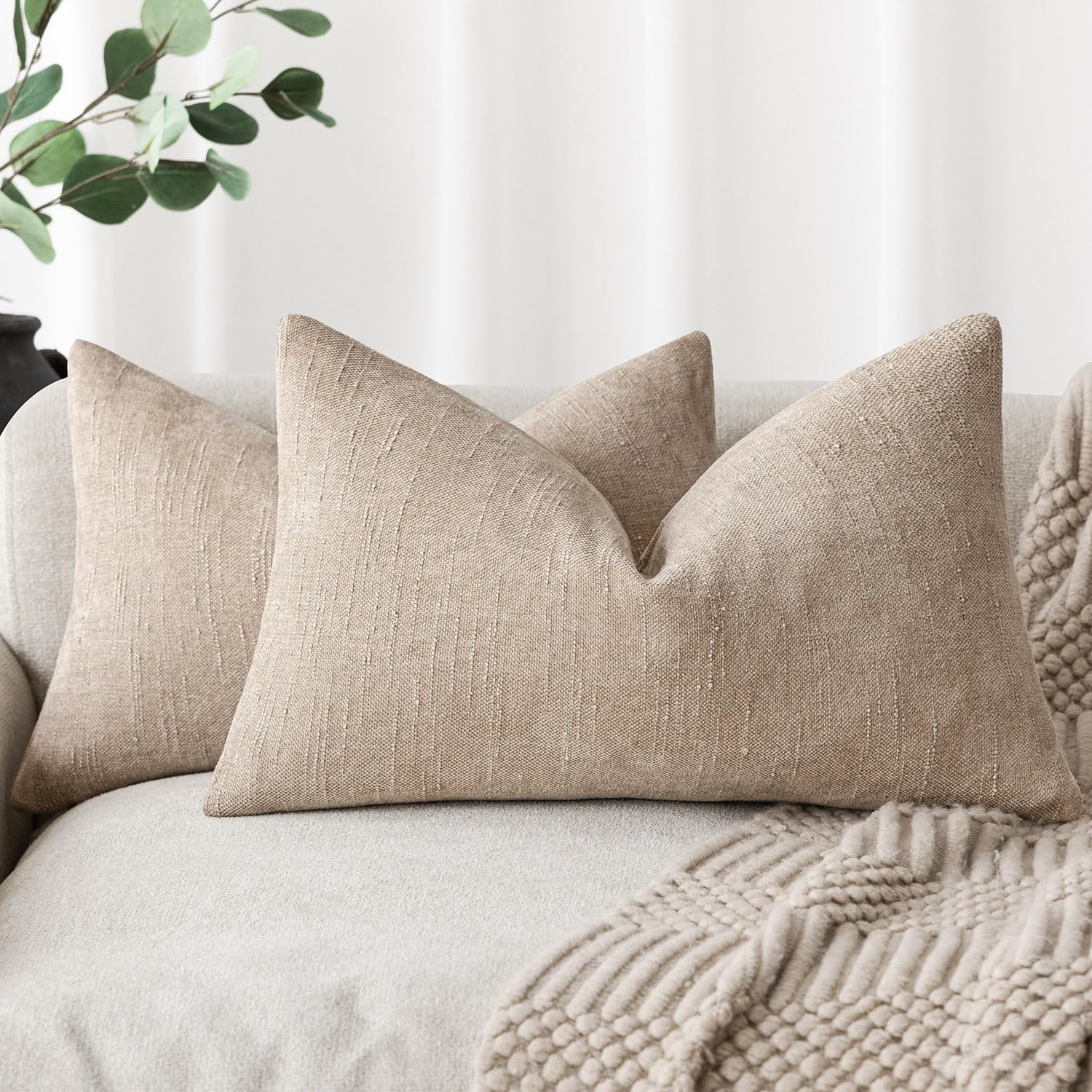 Foindtower Set Of 2 Textured Chenille Throw Decorative Pillow Covers Square Accent Solid Cushion Cover Neutral Farmhouse Lumbar
