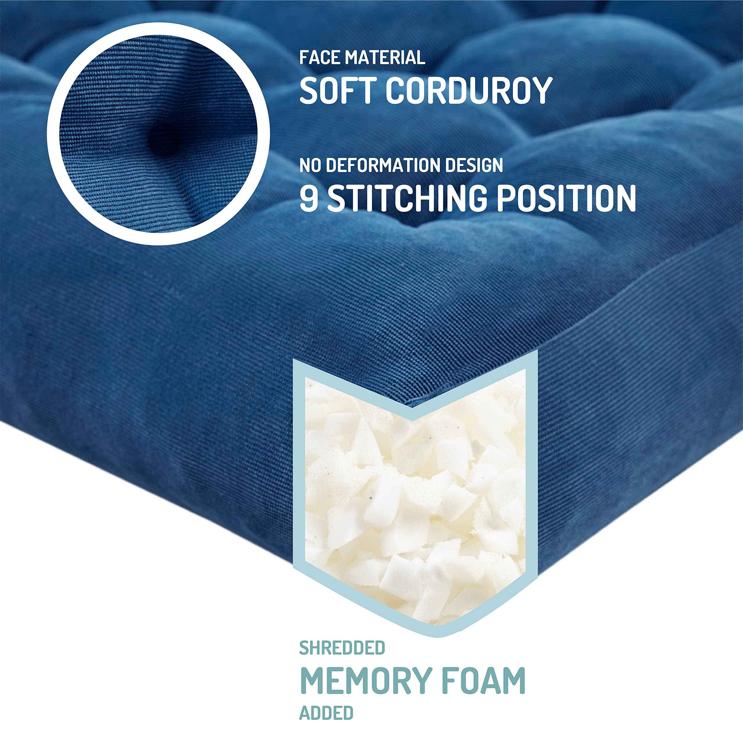 Degrees Of Comfort Meditation Floor Pillow Set Of 2, Square Large Pillows Seating For Adults, Tufted Corduroy Cushions For Living Room Tatami, Memory Foam Added, Navy Blue, 22X22 Inch