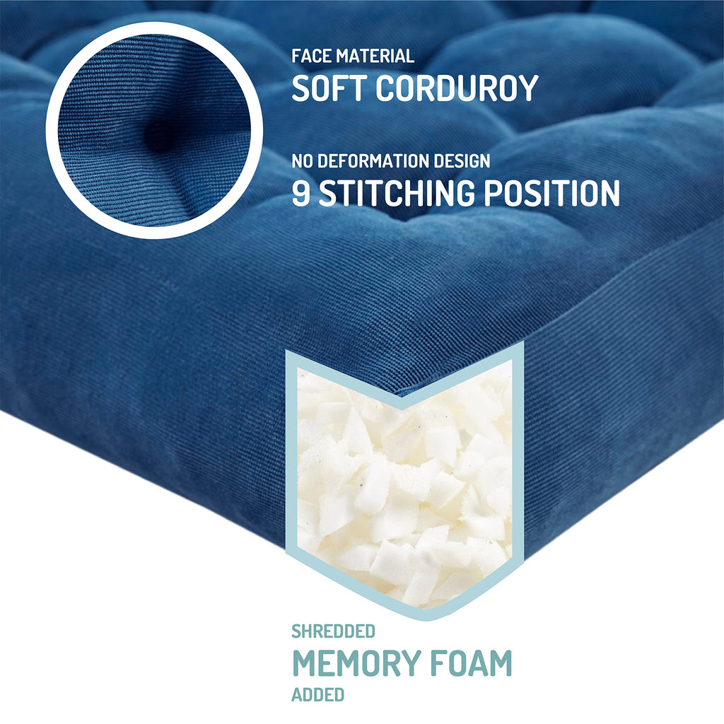 Degrees Of Comfort Meditation Floor Pillow Set Of 2, Square Large Pillows Seating For Adults, Tufted Corduroy Cushions For Living Room Tatami, Memory Foam Added, Navy Blue, 22X22 Inch
