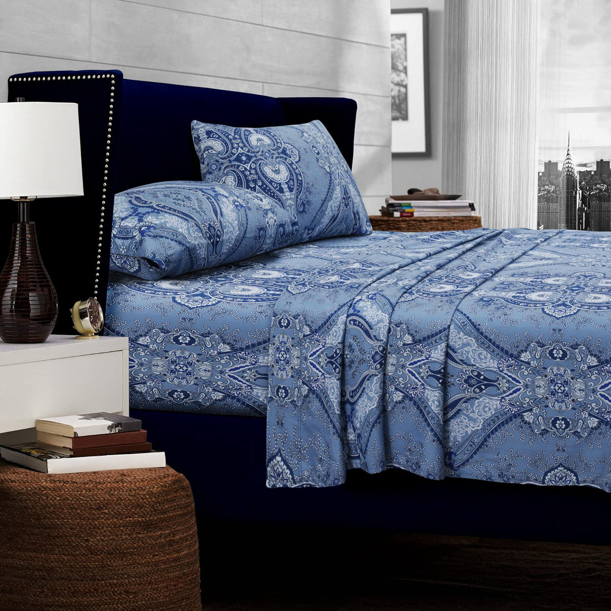 Tribeca Living Queen Bed Sheet Set, 300 Thread Count Soft Cotton Sateen, Floral Print With Extra Deep Pockets, 4-Piece Bedding S