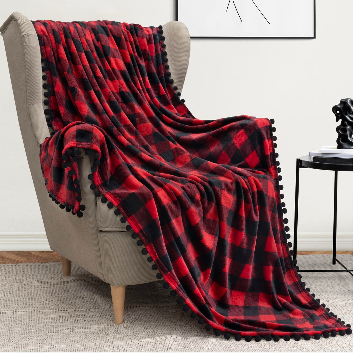 Pavilia Pom Pom Blanket Throw Twin, Buffalo Plaid Red Black Check | Soft Fleece Pompom Fringe Blanket Couch Bed Sofa | Decorativ
