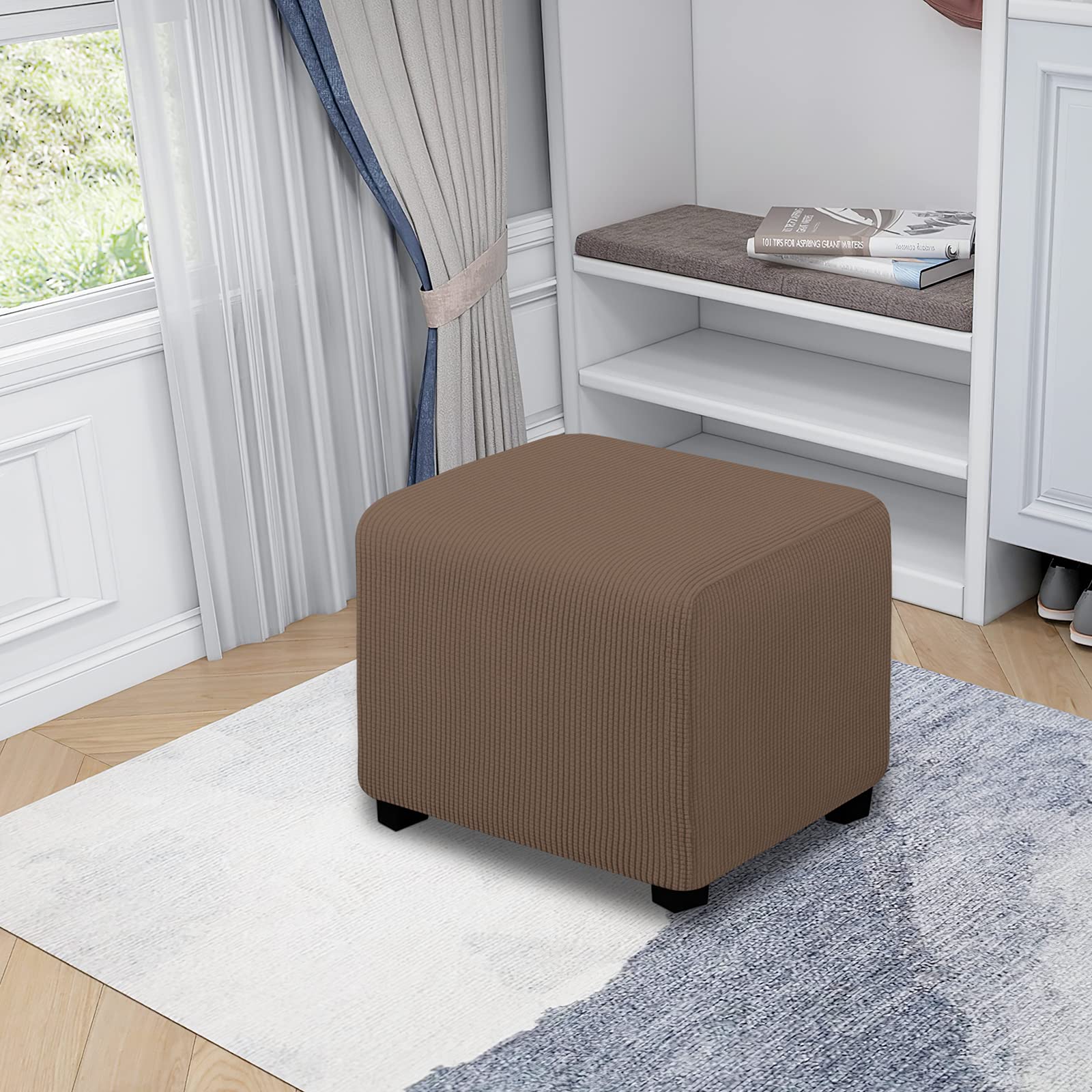Easy-Going Stretch Square Ottoman Cover Folding Storage Stool Furniture Protector Soft Rectangle Slipcover With Elastic Bottom (15X15X15Inch, Brown)