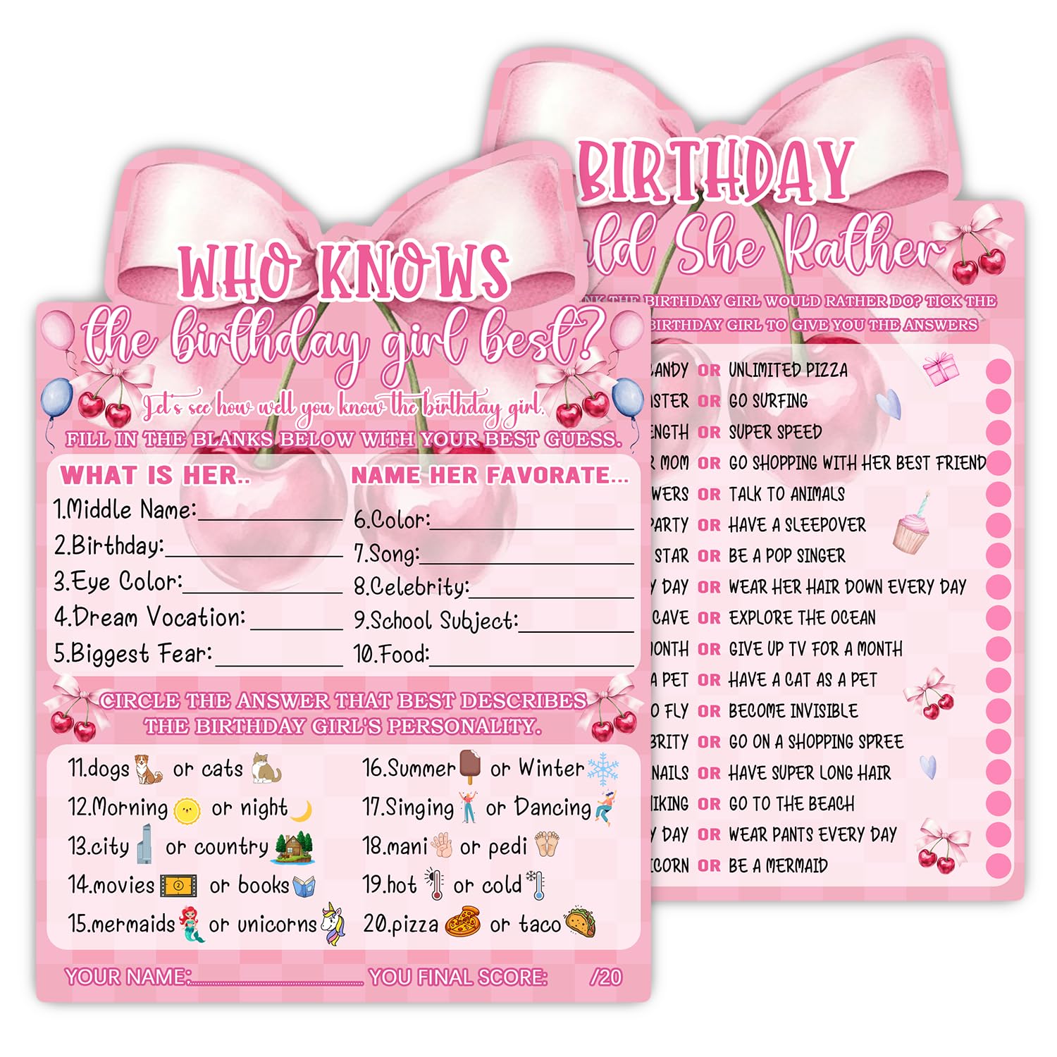 MUZRUYOU Pink Bow Cherry Themed Girl s Sleepover Party Supplies - Girl s Birthday Night Game Ideas - Who Knows The Birthday Gi