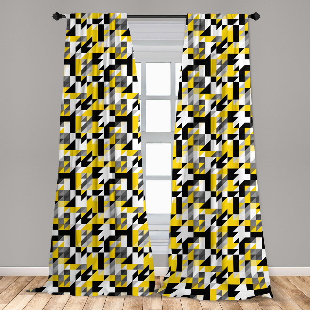 Ambesonne Yellow And White Curtains, Geometric Design With Triangles Squares And Houndstooh Inspiration, Window Treatments 2 Pan