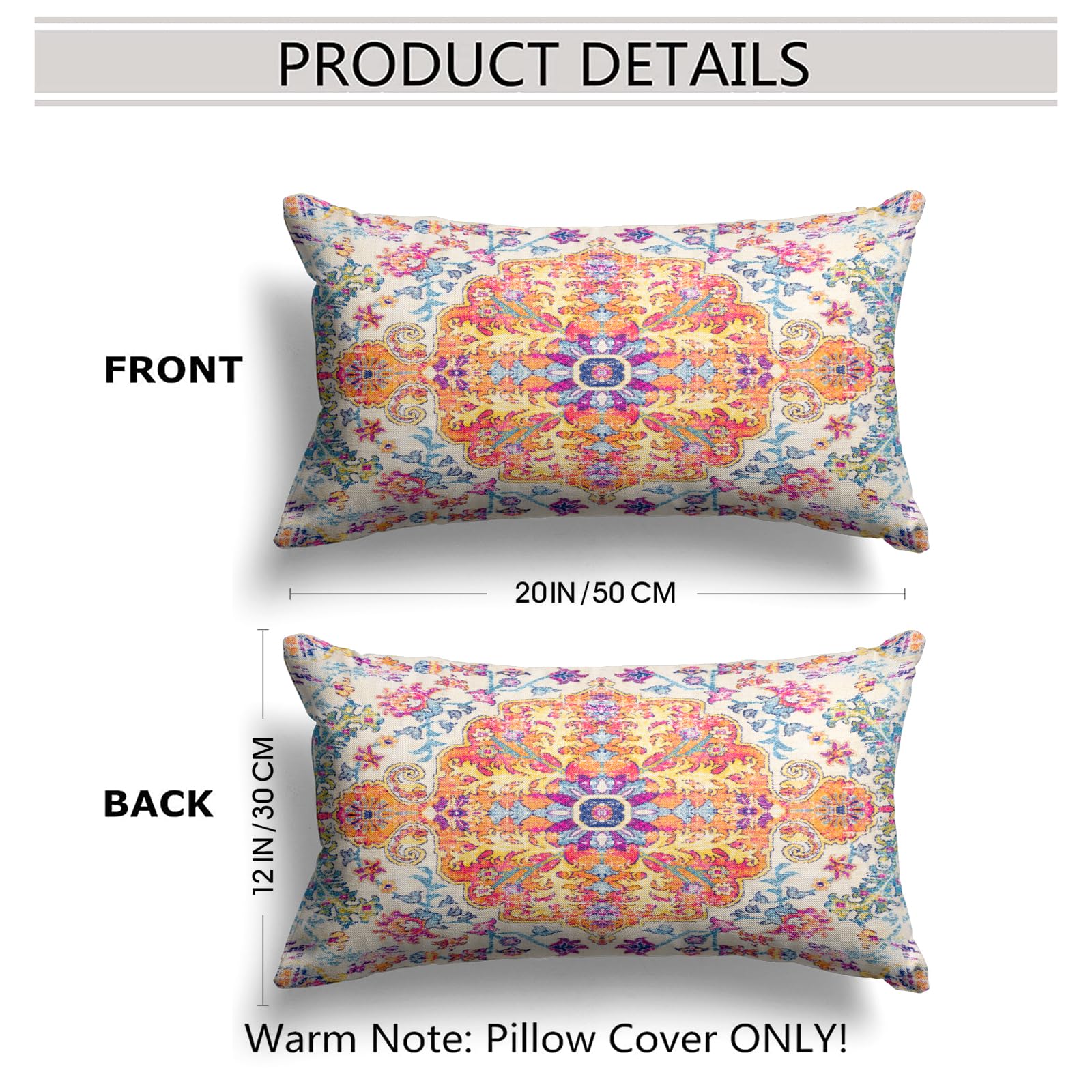 Snycler Orange Blue Ethnic Boho Pillow Covers 12X20 In Boho Carpet Cream Coral Floral Decorative Couch Pillow Cases With Zipper