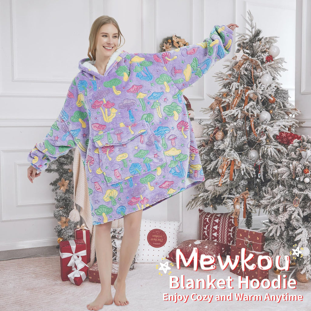 Mewkou Adults Mushroom Wearable Blanket Hoodie Sherpa Fleece Oversized for Women Men