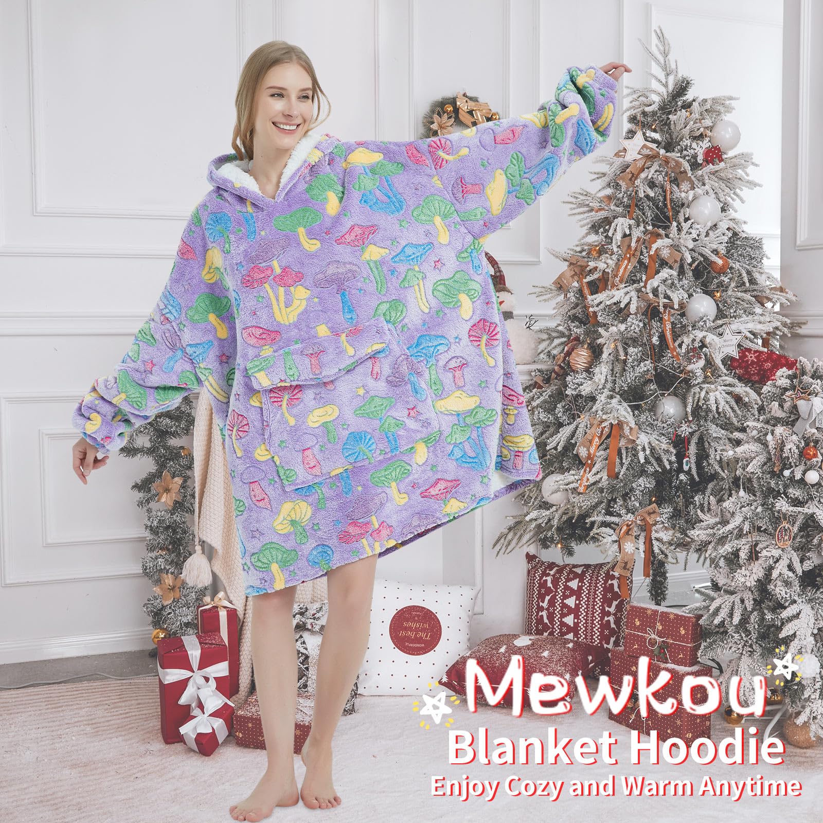 Mewkou Adults Mushroom Wearable Blanket Hoodie Sherpa Fleece Oversized for Women Men