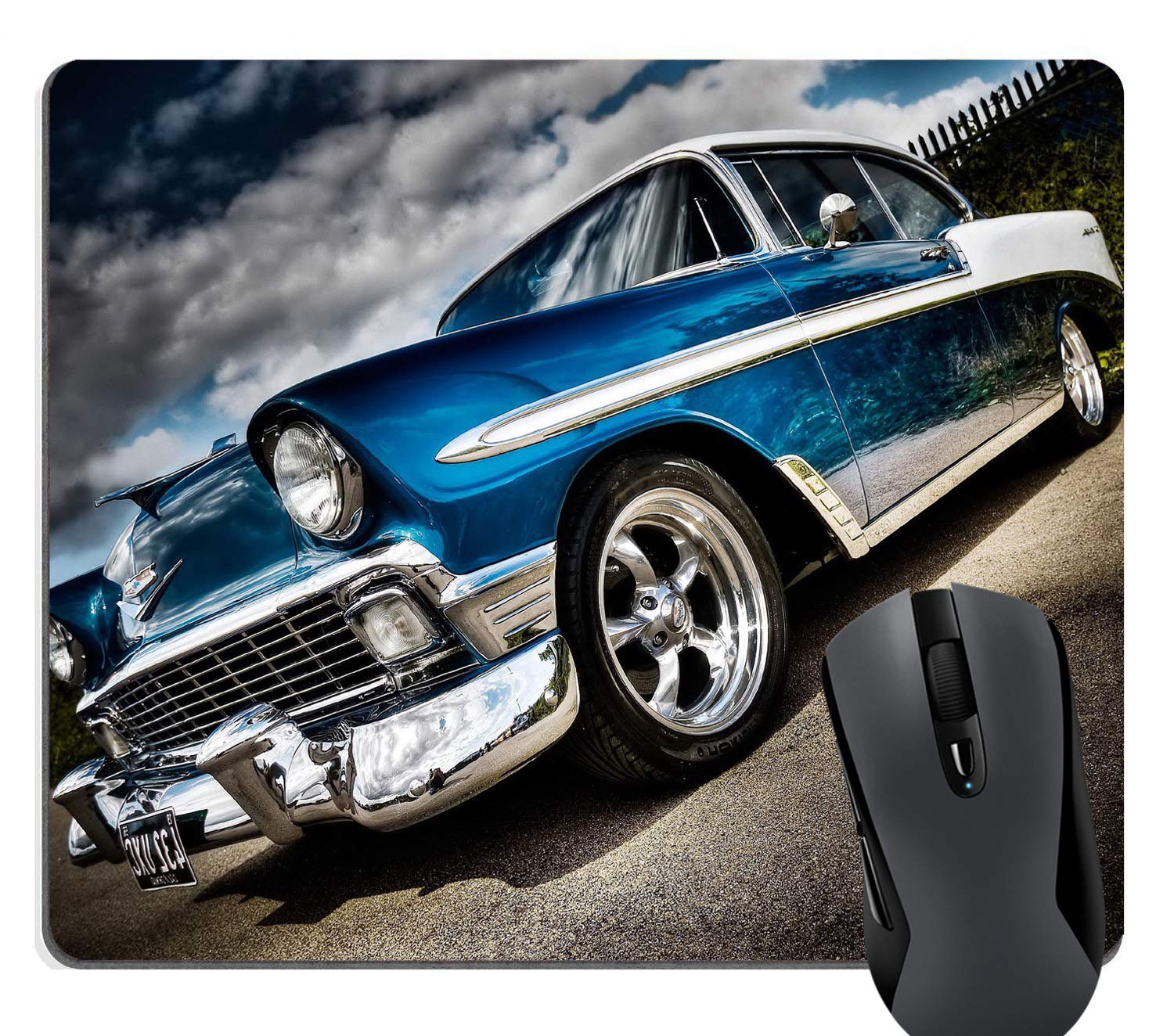 Wknoon Retro Cars Mouse Pads, Classic Blue And White Car Rectangle Mouse Pad Gaming Mat