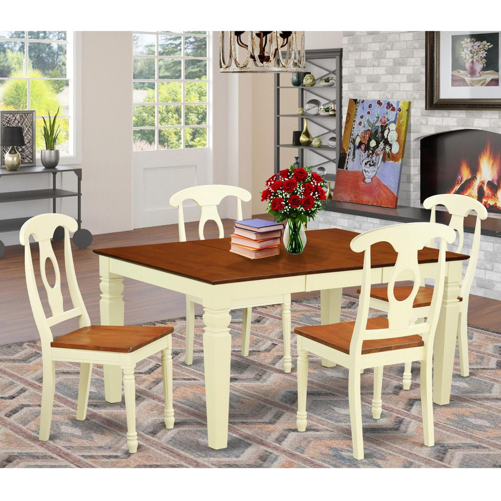 East West Furniture WEKE5-BMK-W 5 Piece Dining Room Table Set Includes a Rectangle Wooden Table with Butterfly Leaf and 4 Kitchen Dining Chairs, 42x60 Inch, Buttermilk & Cherry