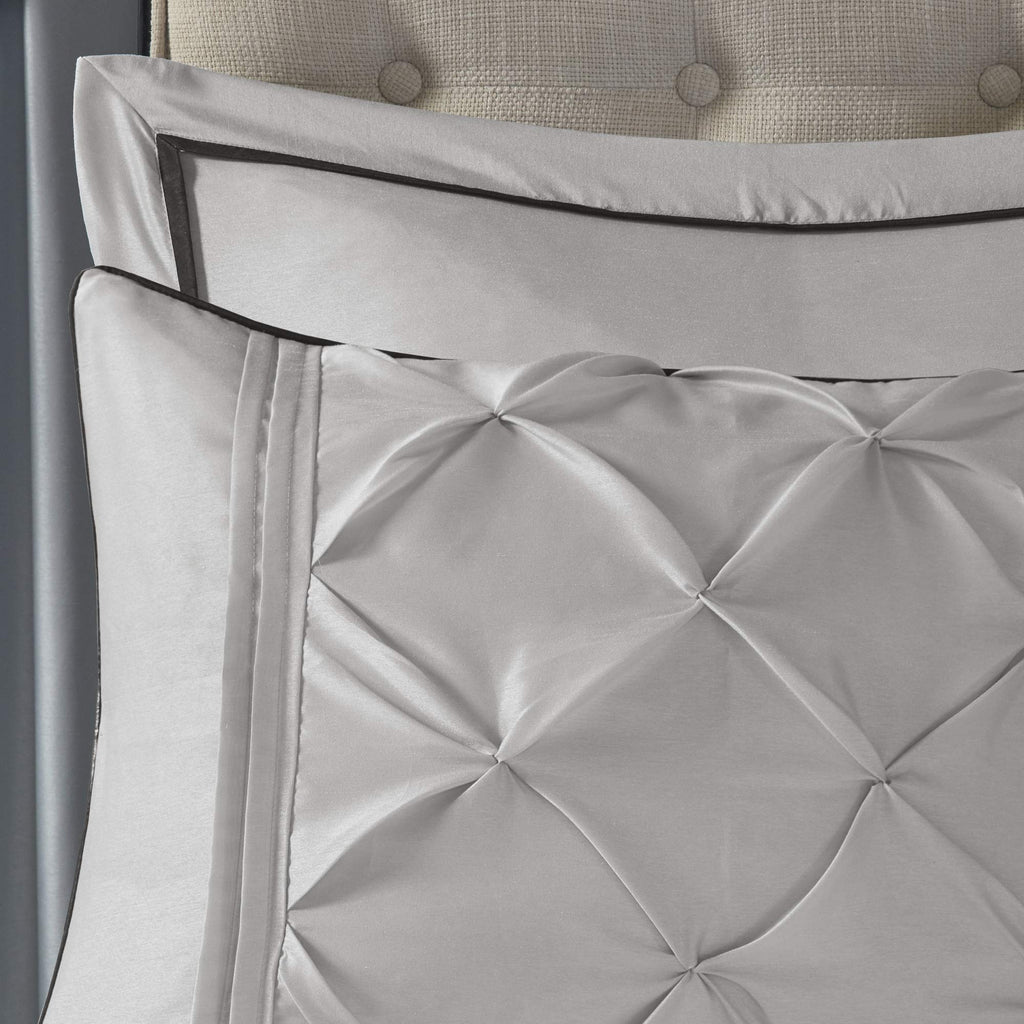 Madison Park Essentials Room In A Bag Faux Silk Comforter Set - Luxe Diamond Tufting All Season Bedding, Matching Curtains, Decorative Pillows, Grey King(104'X92') 24 Piece