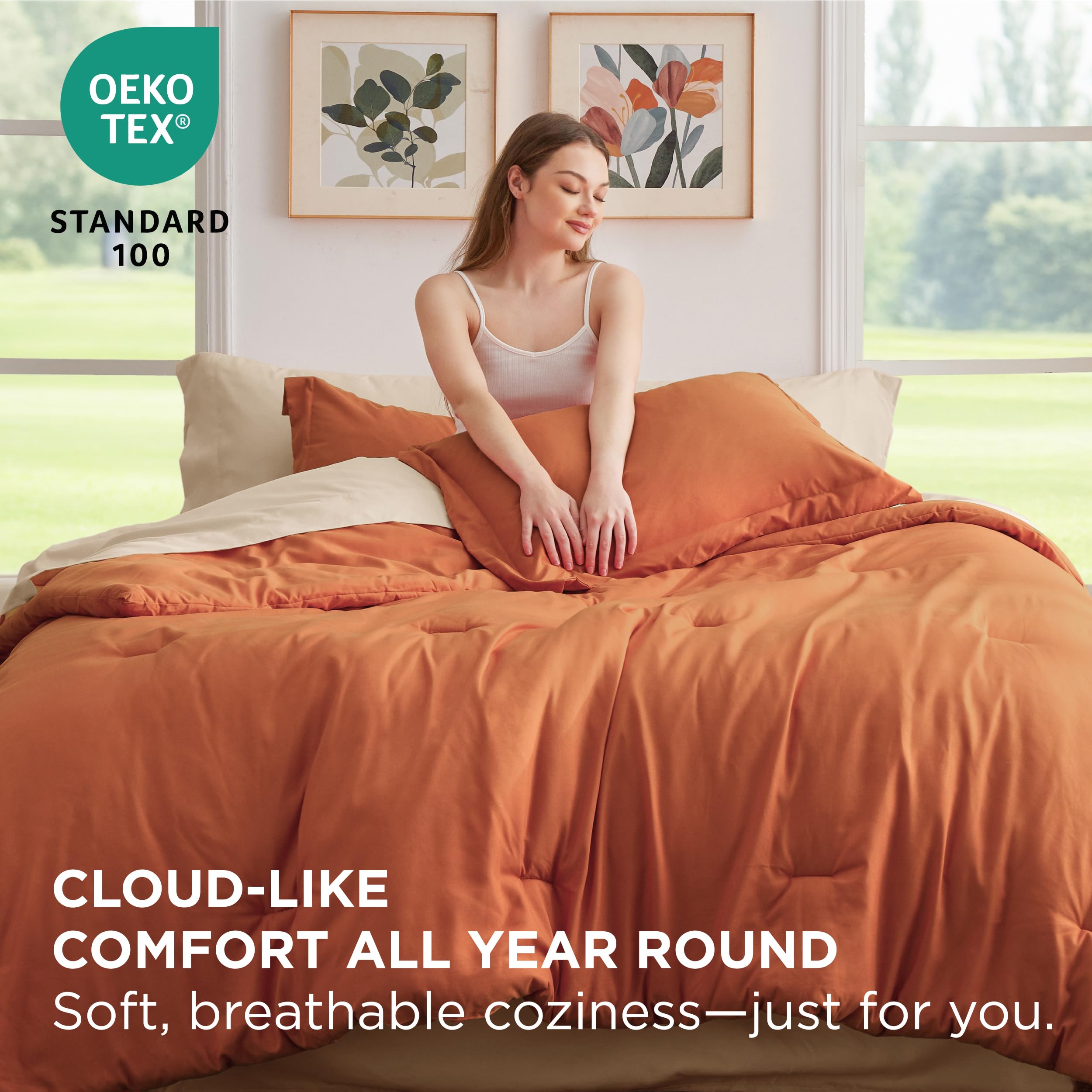 Bedsure Full Size Comforter Set - 7 Pieces Burnt Orange Full Bedding Set For All Seasons, Boho Contrasting Design Bed In A Bag With Comforter, Sheets, Pillowcases & Shams