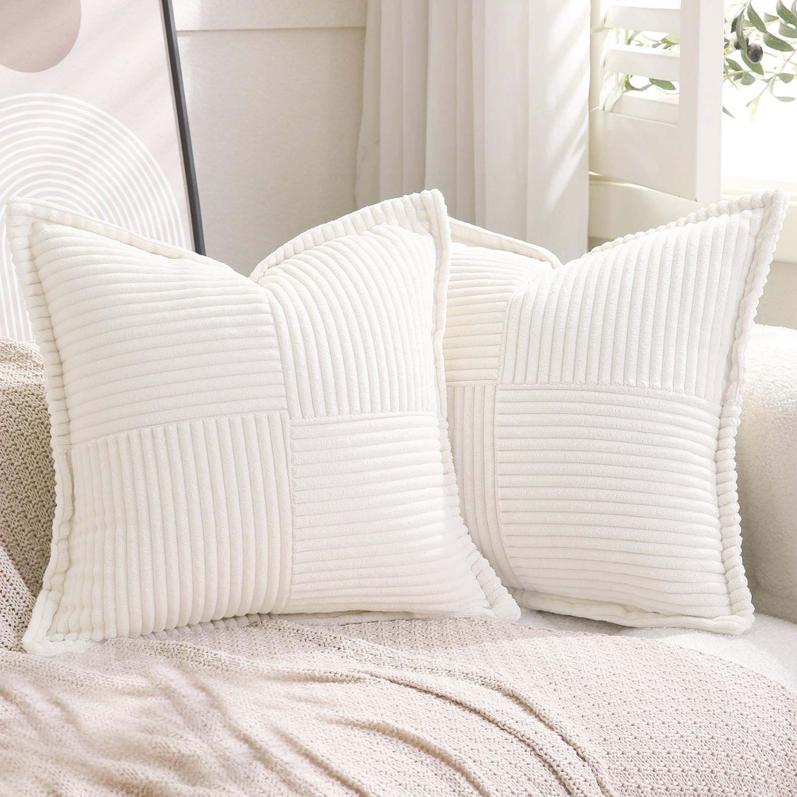 Puncuntex Corduroy Throw Pillow Covers Set Of 2 Boho Decorative Cream White 24?24 Inch,Super Soft Pillowcase Cozy Striped Textur
