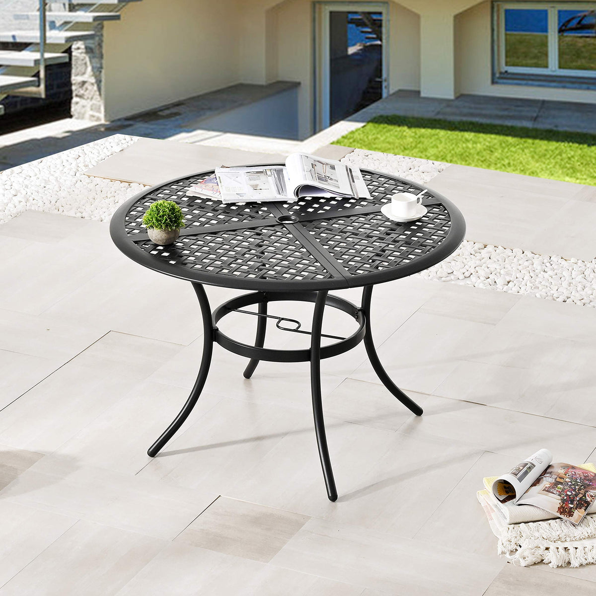 Lokatse Home 42.1' Outdoor Patio Round Dining Table With Umbrella Hole, Steel Frame For Backyard Lawn Balcony Deck