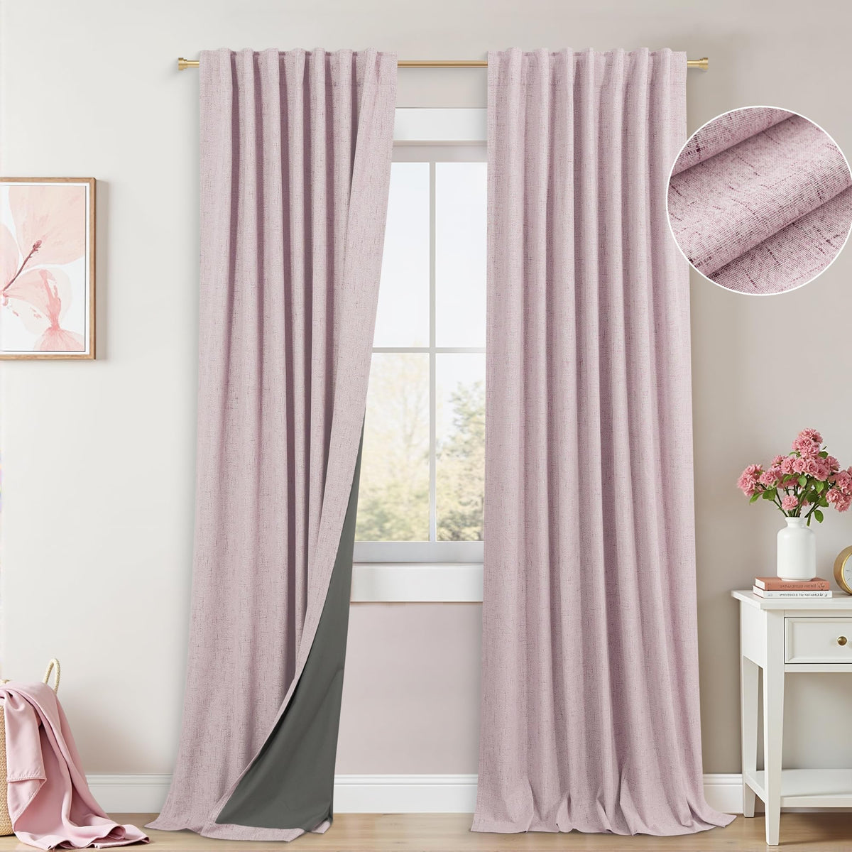 Koufall Pink Curtains 2 Panels Blackout For Nursery,Black Out Neutral Linen Double Sided With Grey Backing Room Darkening Curtai