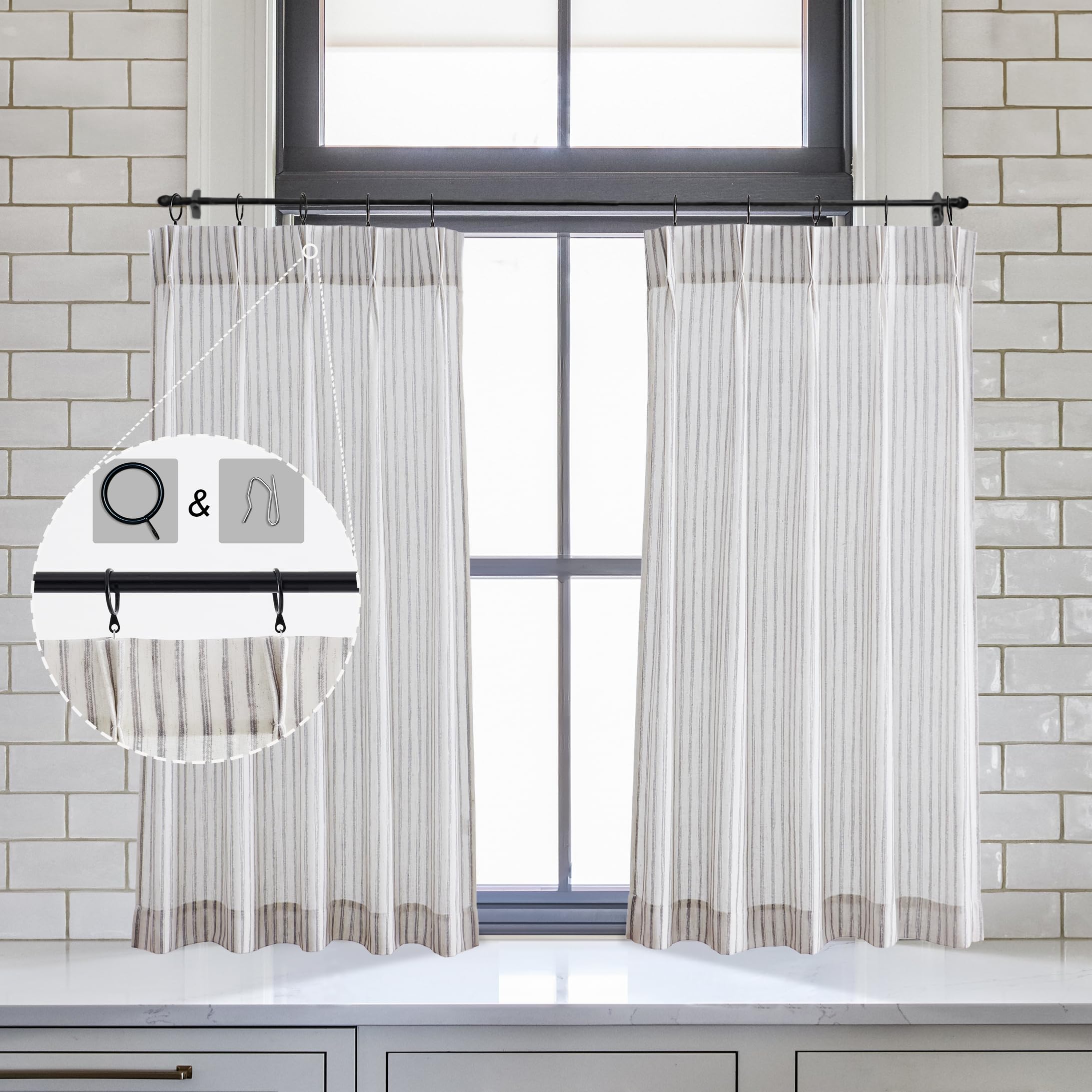 LIMON HOME Cafe Curtains Gray and Nature 45 Inch Length for Small Windows Grey Striped Curtain for Country Cafe Look Privacy Lig