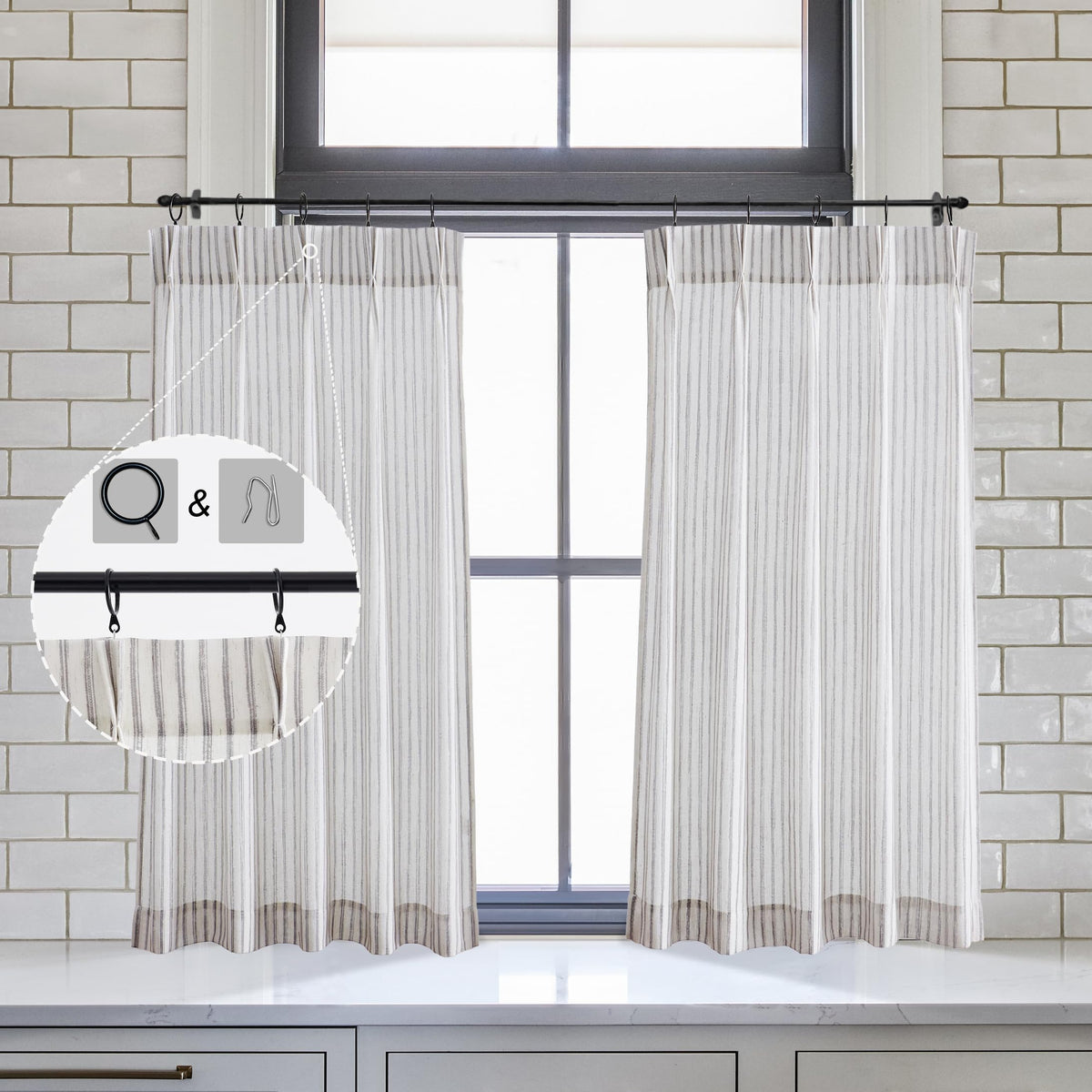 36 Inch Length Pinch Pleated Curtains For Bathroom Window,Striped Kitchen Tier Curtain With Hooks Rings,Gray And White Ticking S