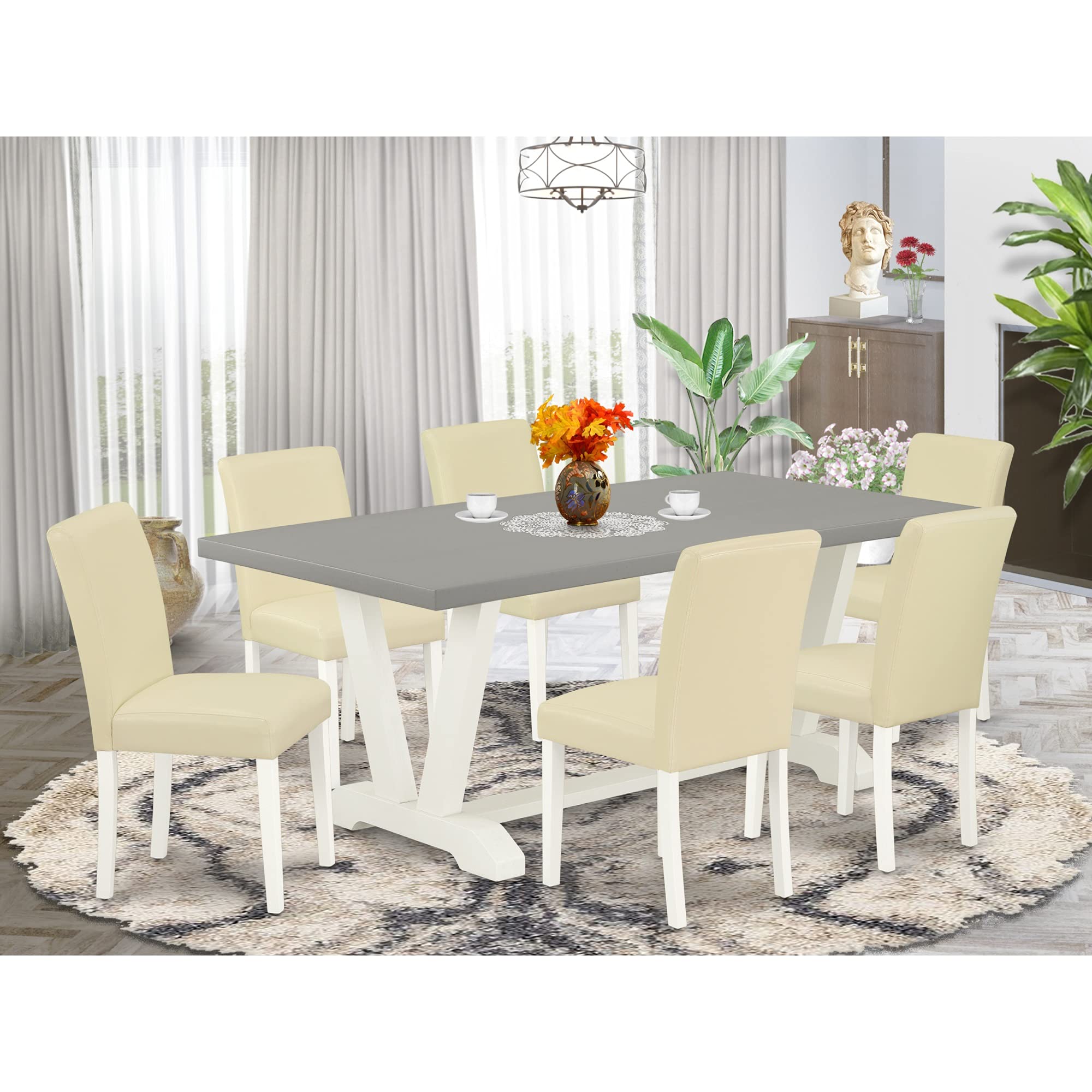 East West Furniture V-Style 7 Piece Kitchen Set Consist Of A Rectangle Table With V-Legs And 6 White Faux Leather Parson Dining Chairs, 40X72 Inch, Multi-Color