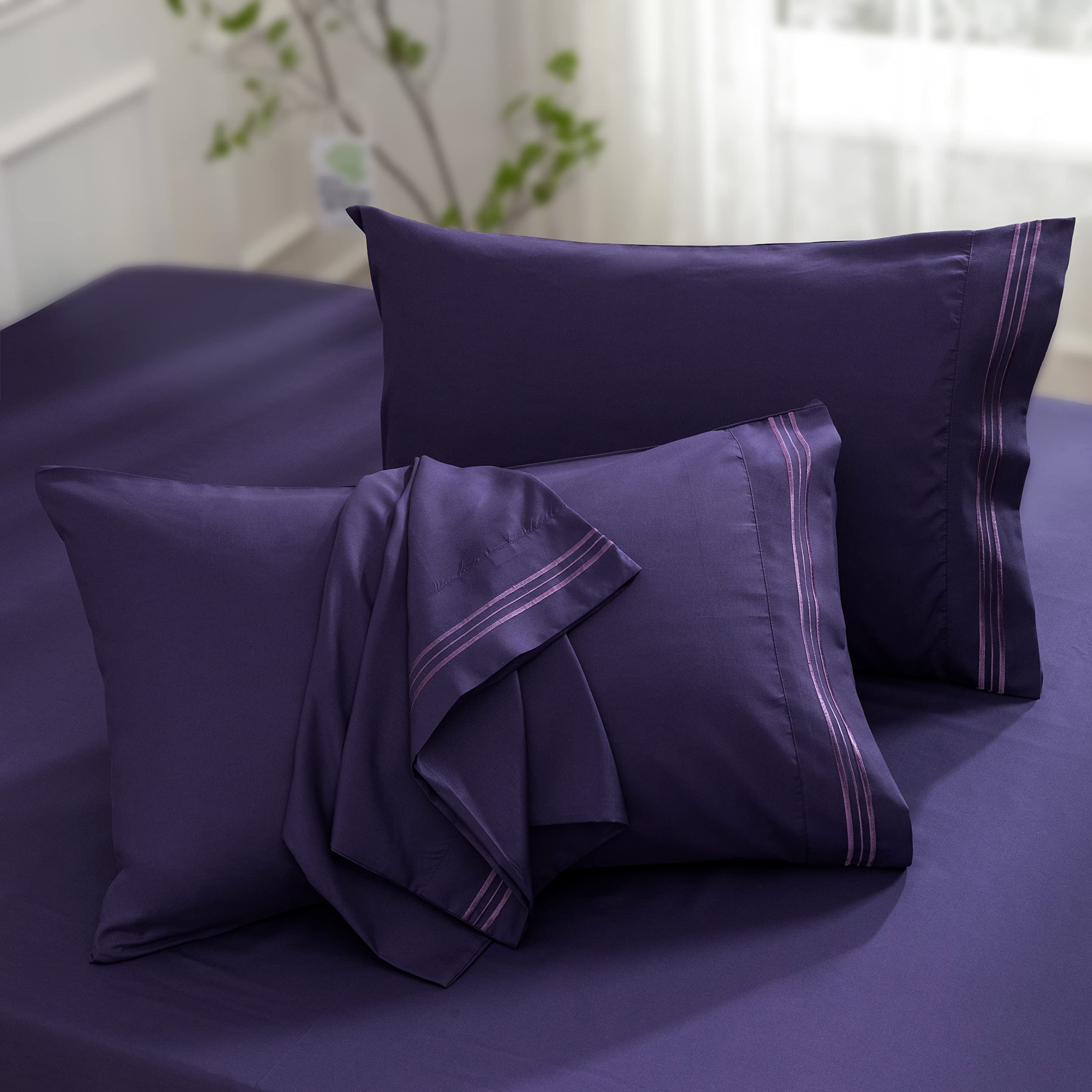 Aormenzy Microfiber Pillow Cases - Standard Size Set Of 2-1800 Thread Count Ultra Soft Purple Pillowcases - Wrinkle Resistant Pi