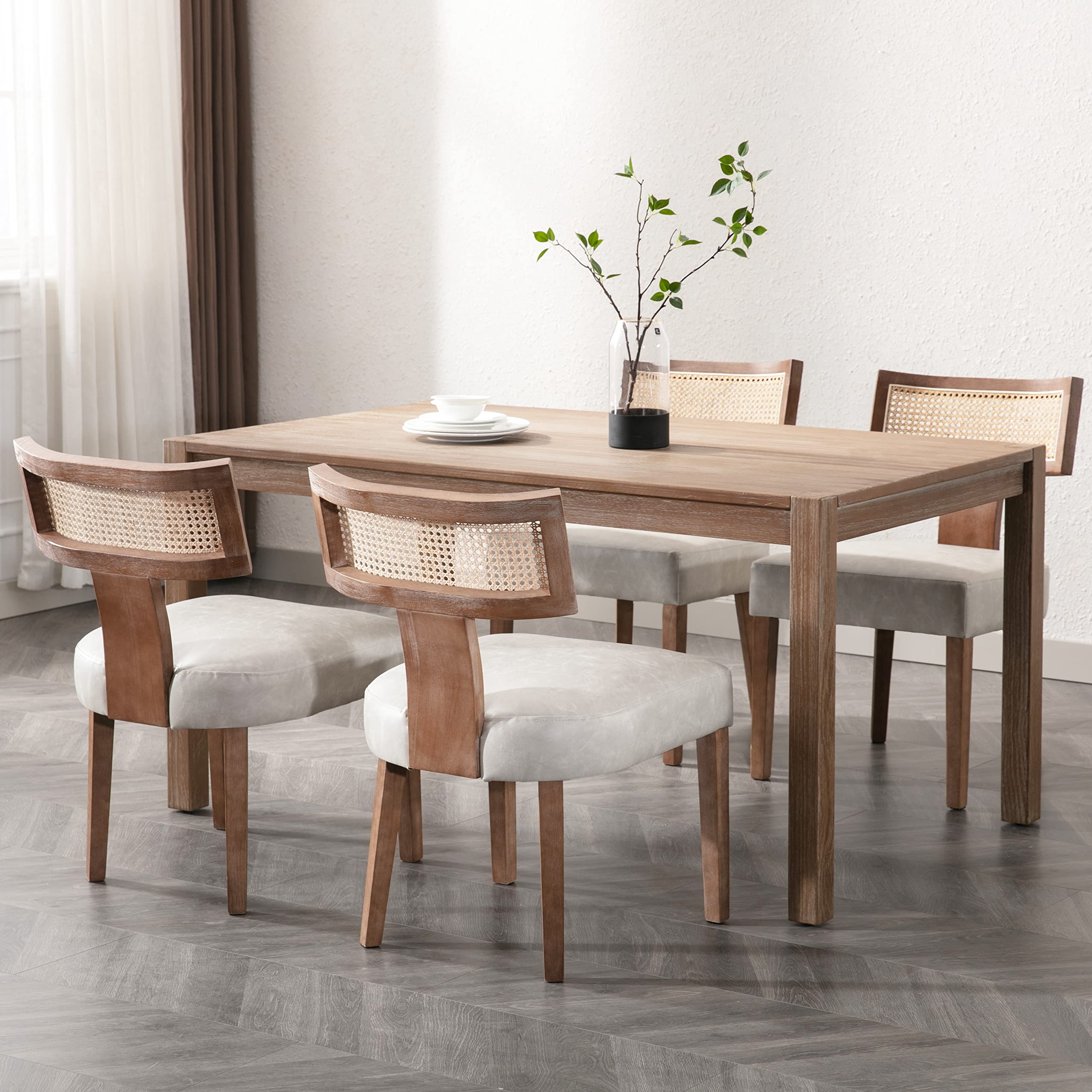 Rivova Modern Dining Chairs, Set Of 4 - Rattan Back, Pu Leather Upholstered, Kitchen Chairs With Solid Wood Frame, Grey