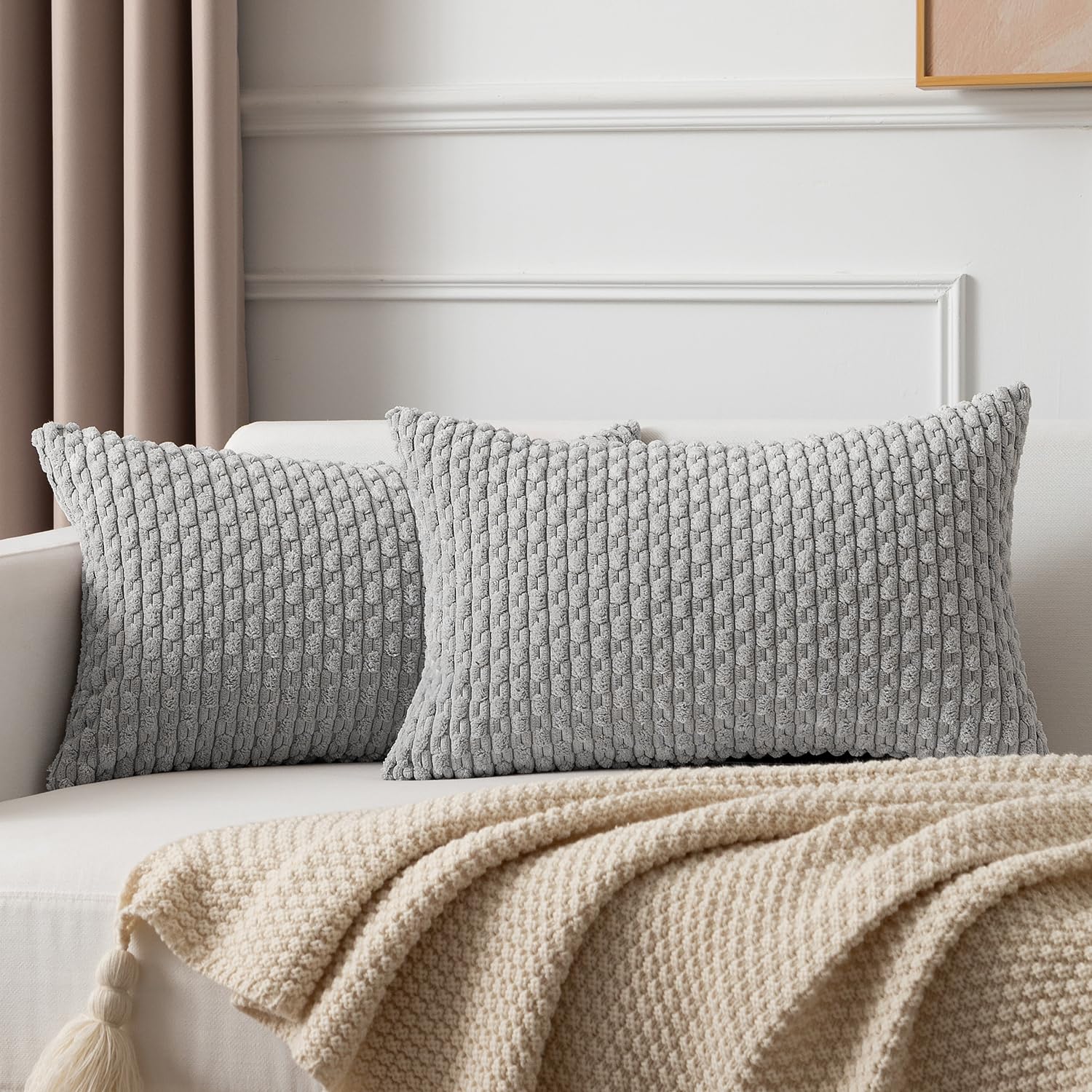 Kevin Textile Decor Solid Decorative Pillow Case Striped Jacquard Cushion Cover For Lumbar Light Grey 12X20 Inch (30X50Cm) 2 Pie