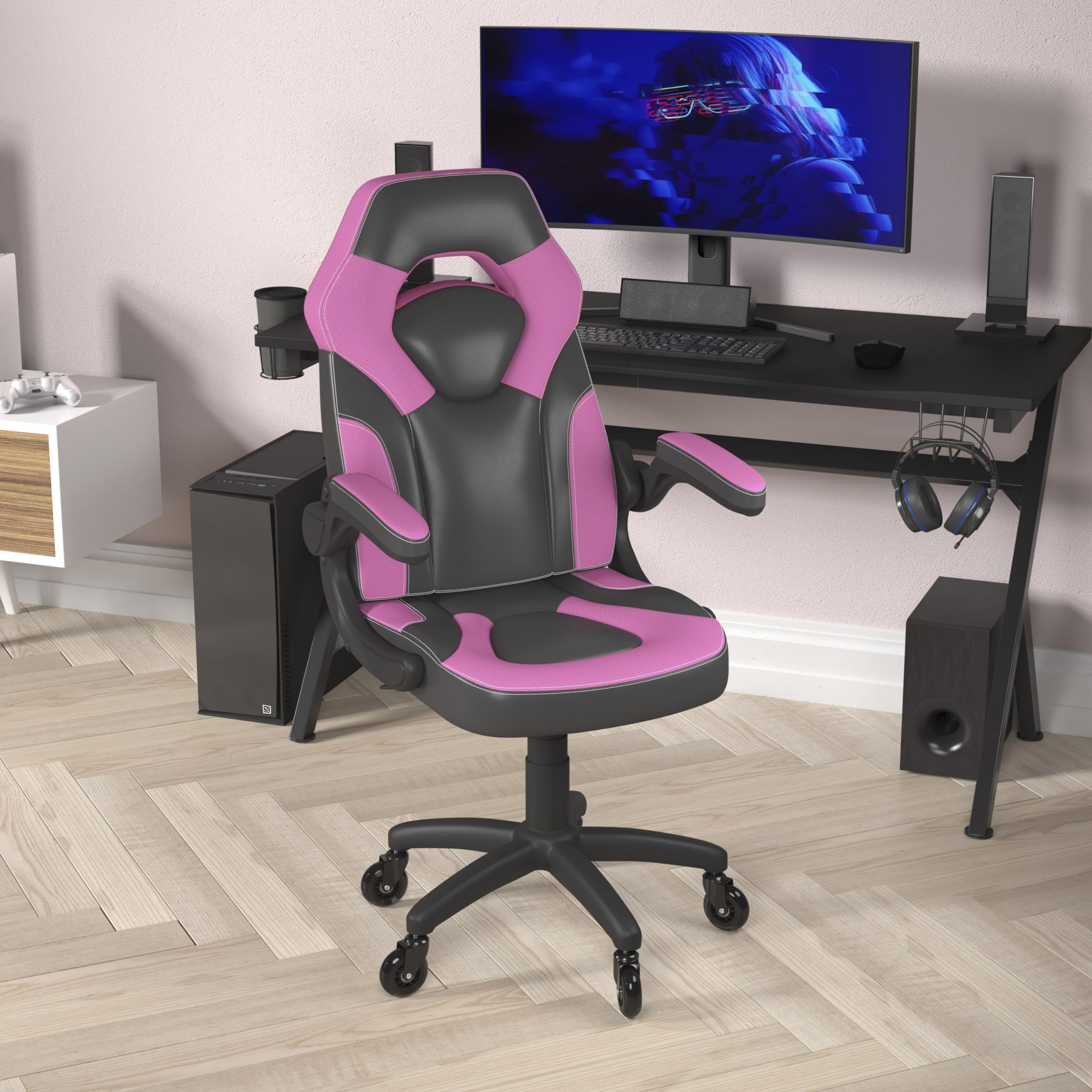 Flash Furniture X10 Gaming Chair Racing Office Computer Pc Adjustable Chair With Flip-Up Arms And Transparent Roller Wheels, Pink/Black Leathersoft
