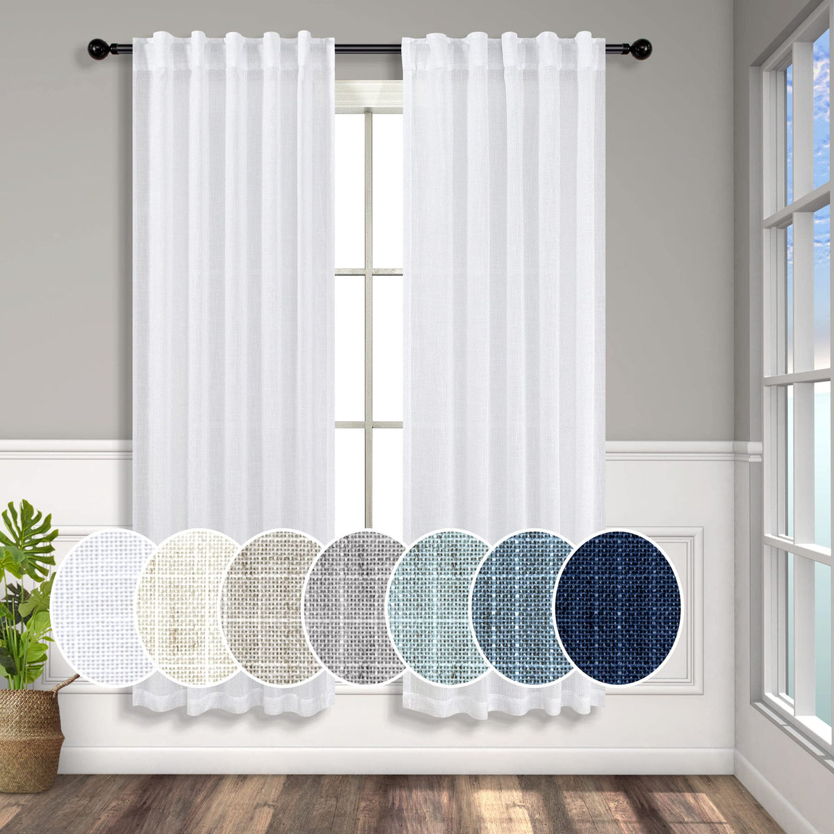 Pitalk White Curtains 38 Inch Wide For Windows 2 Panels Back Tab Loops Rod Pocket Light Diffusing Semi Sheer Linen Curtains For