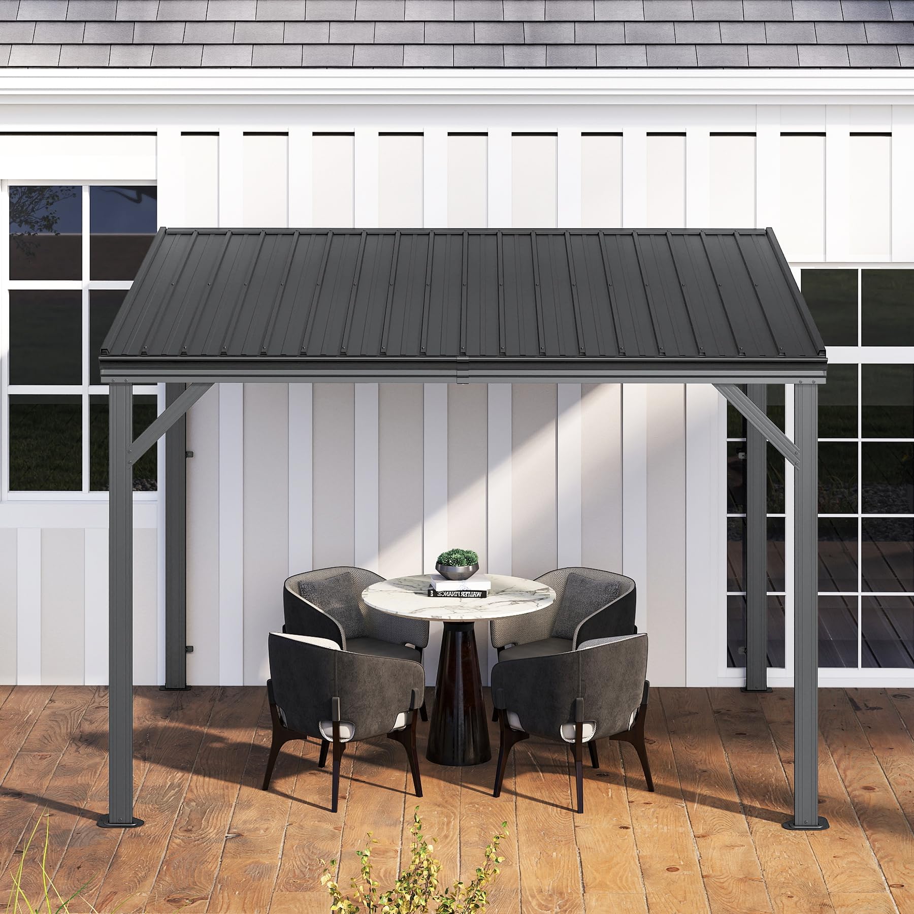 Domi 10x10 Lean to Gazebo Hardtop, Expandable Wall Mounted Pergola with Gutters & Galvanized Steel Roof, 60MPH Wind Resistance