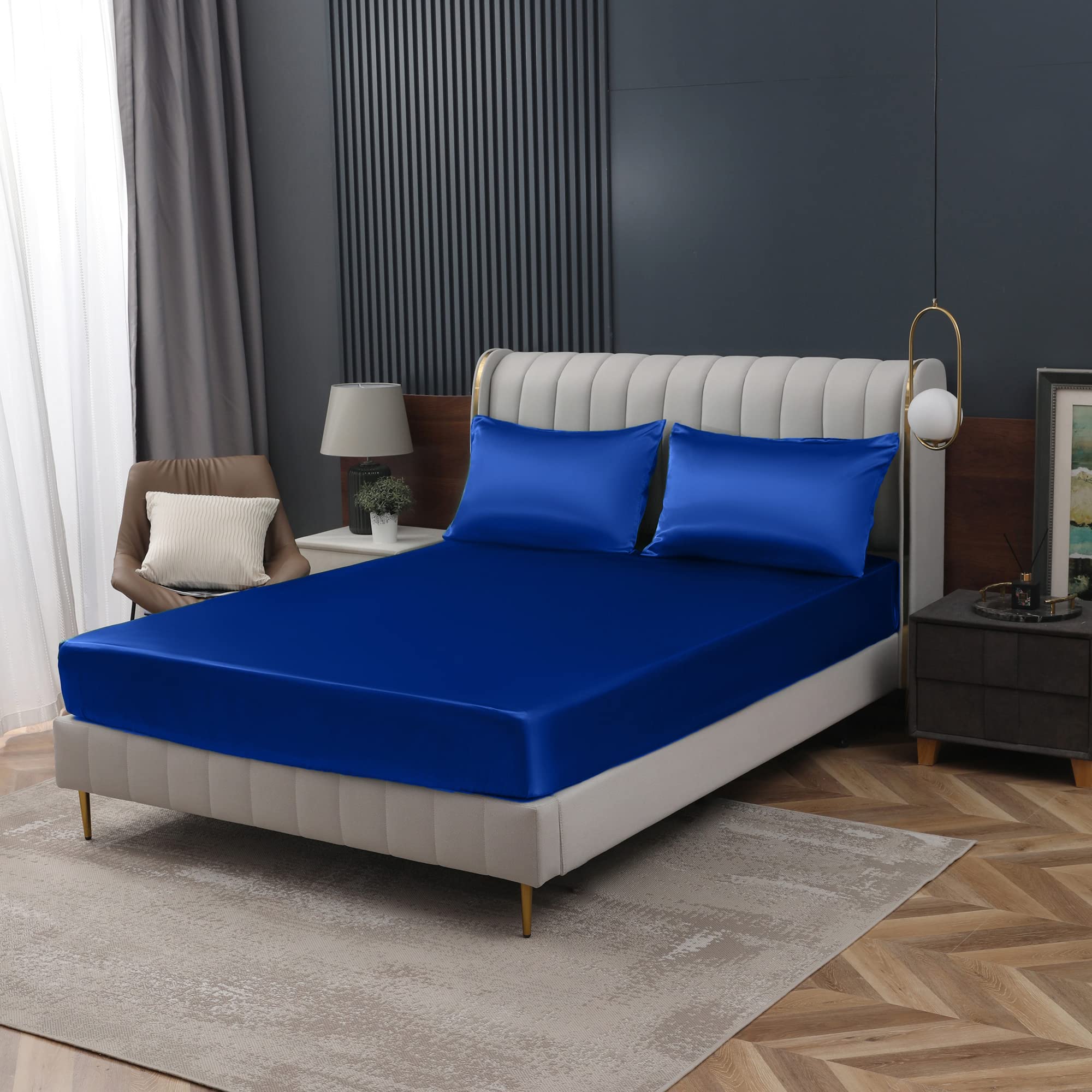 Homiest Royal Blue Satin Fitted Sheet Full Size Fitted Bed Sheet, Deep Pocket Fitted Sheet Only, Luxury & Ultra Soft Bedding Fitted Sheet Single Bottom Bed Sheets Sold Separately