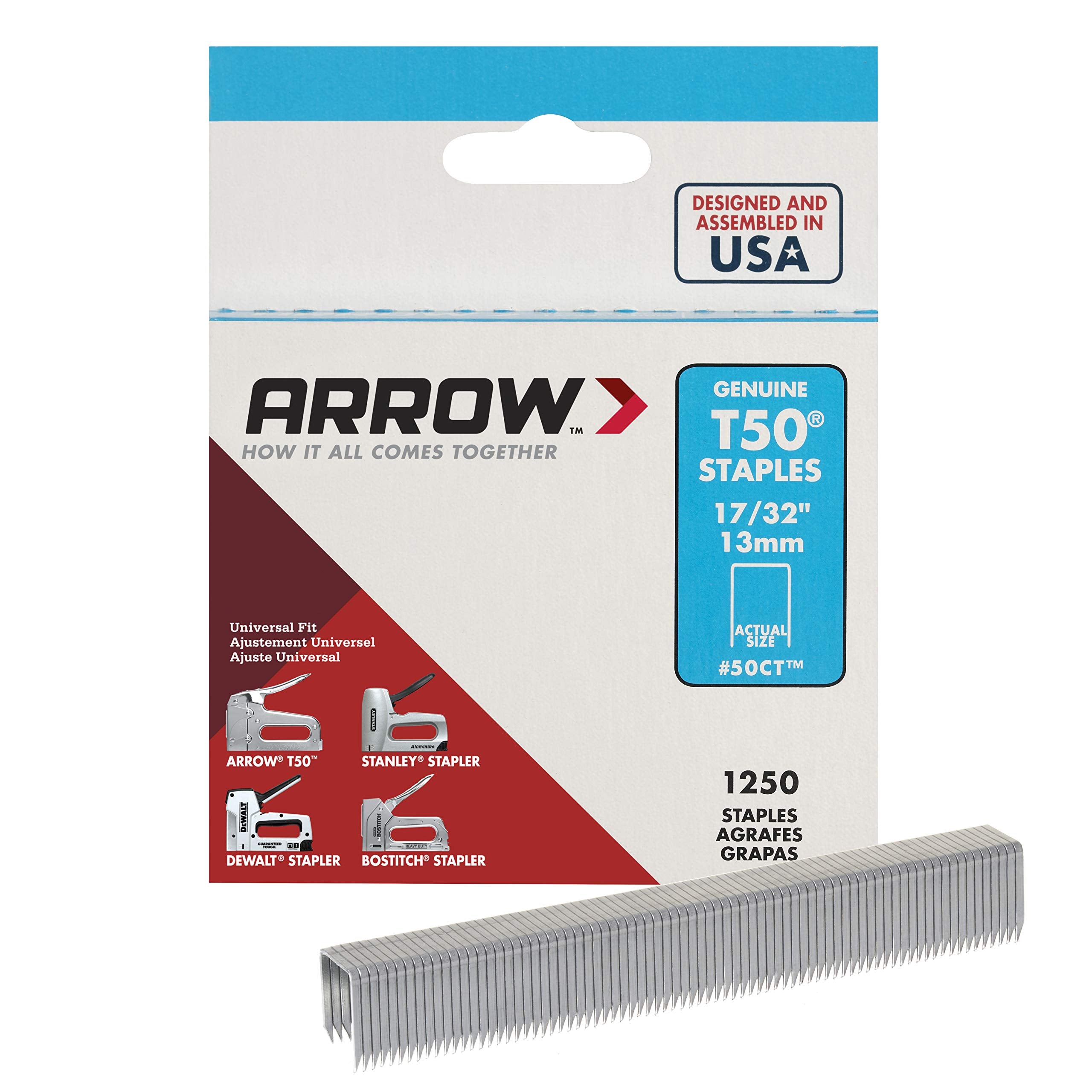 Arrow 50Ct T50 Heavy Duty Staples For Staple Guns, Use For Ceiling Tile, Upholstery, Construction, Furniture, Crafts, 17/32-Inch