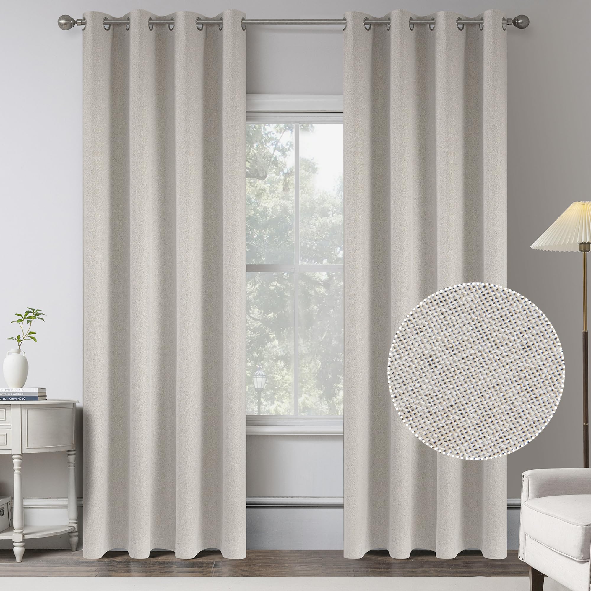 Beige 100% Blackout Linen Curtains 96 Inches Long 2 Panels For Bedroom,Modern Farmhouse Sun Blocking Full Black Out Room Darkeni