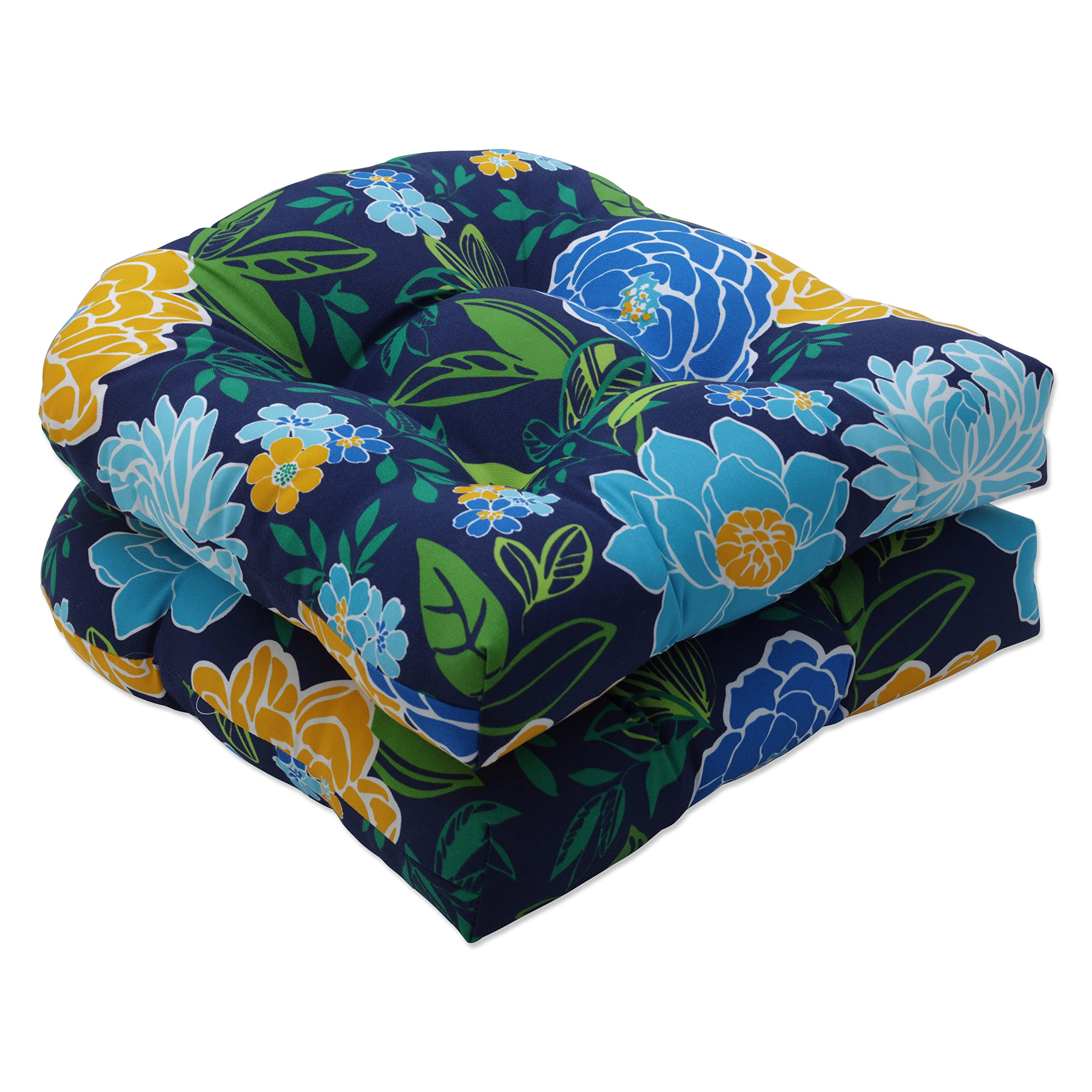 Pillow Perfect Floral Indoor/Outdoor Chair Seat Cushion, Tufted, Weather, And Fade Resistant, 19' X 19', Blue/Yellow Spring Bl