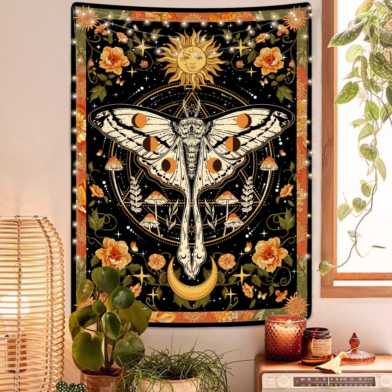Aipon Orange Moth Tapestry Boho Retro Floral Flowers Tapestries Aesthetic Vintage Mushroom Tapestry Bedroom Indie Vertical Tapes