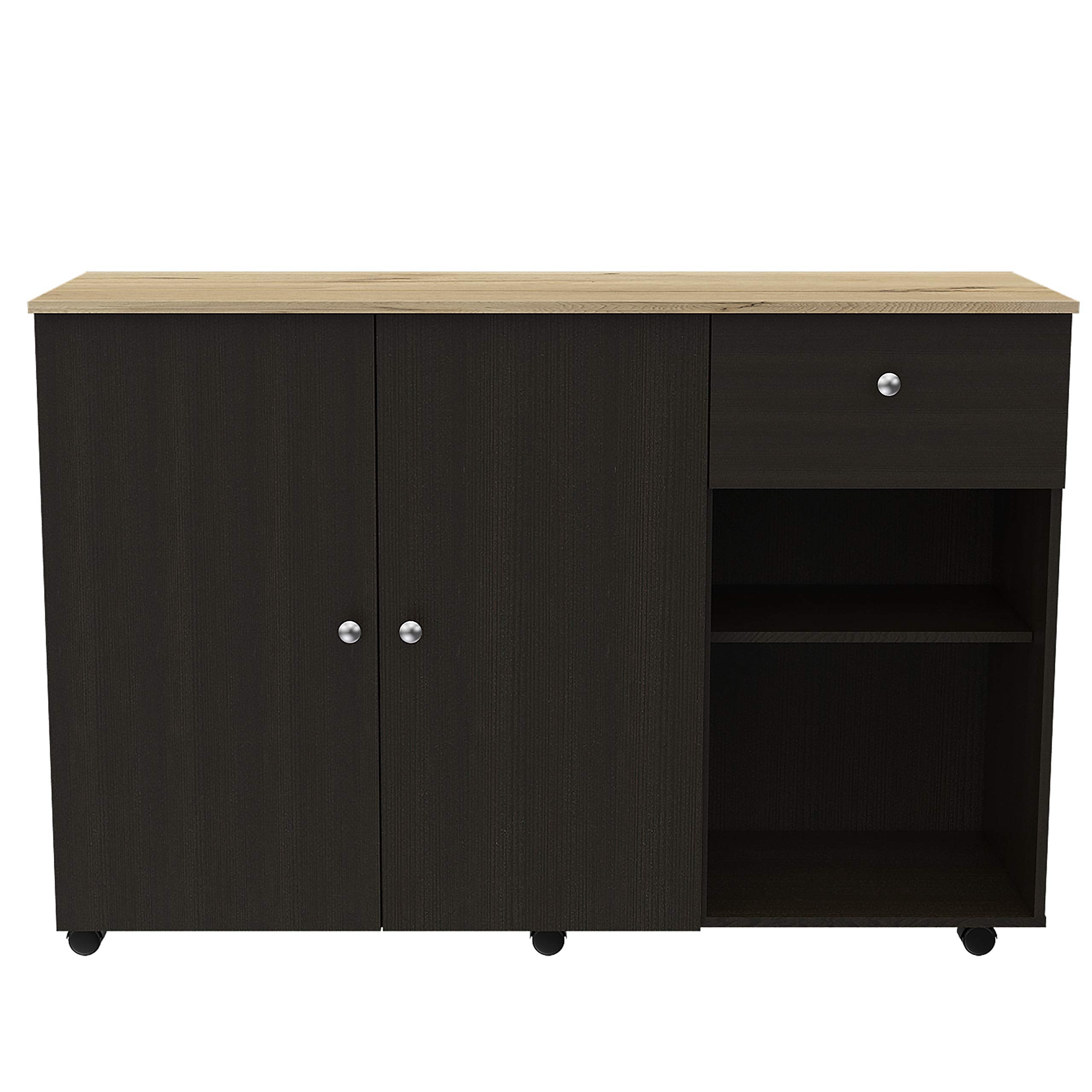 Syros Kitchen Island Cart, 6 Carter, 1 Drawer, Double Door Cabinet, 2 External Shelves, 4 Interior Shelves, Black/Macadamia