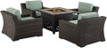 Crosley Furniture Beaufort Beaufort 5-Piece Wicker Outdoor Chair Patio Furniture Set With Propane Gas Fire Pit Table, Brown With Mist Cushions